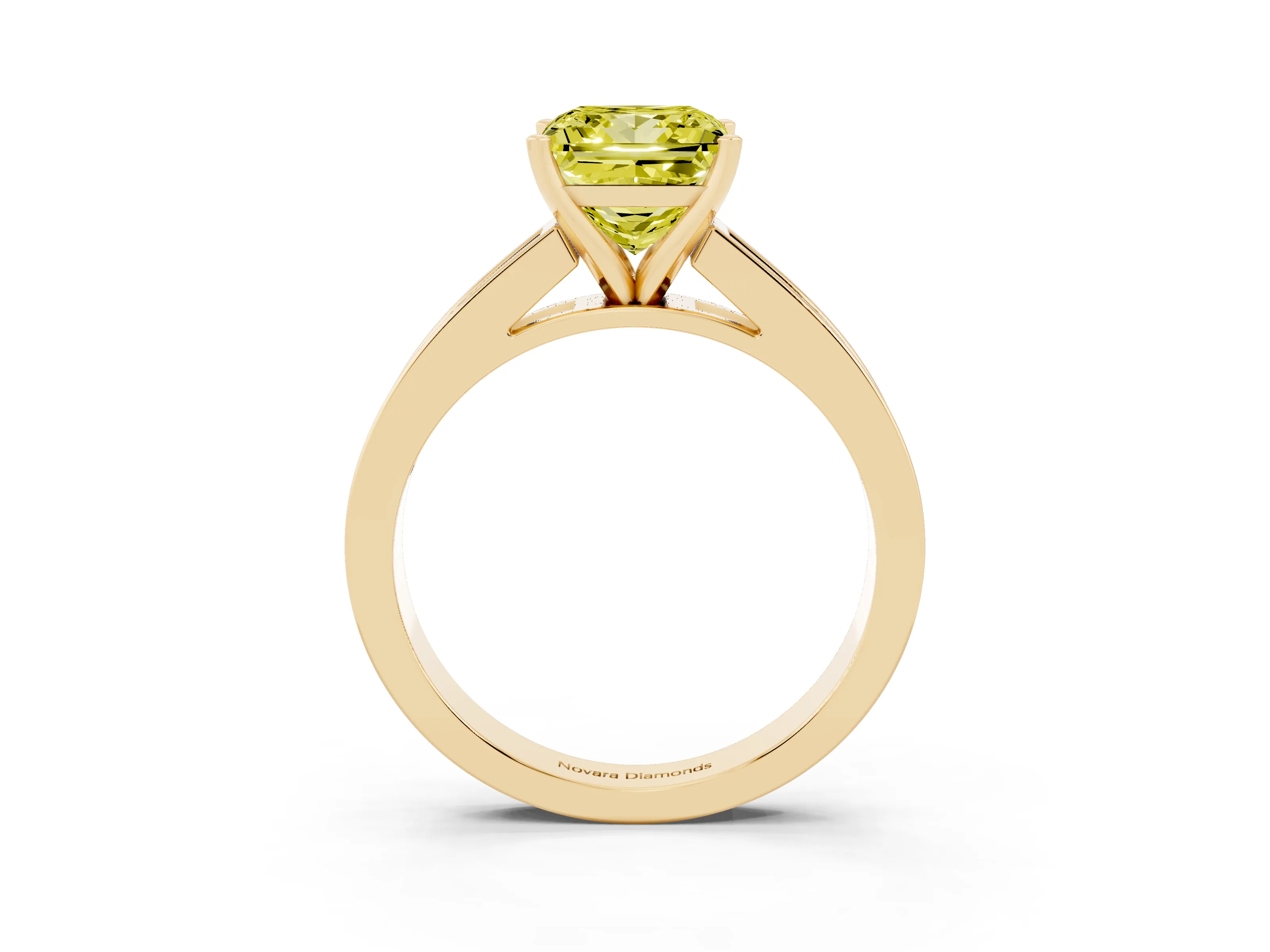 Fancy Yellow Princess Cut Diamond Solitaire Ring Set in Yellow gold with Channel-Set Band and Prong Setting