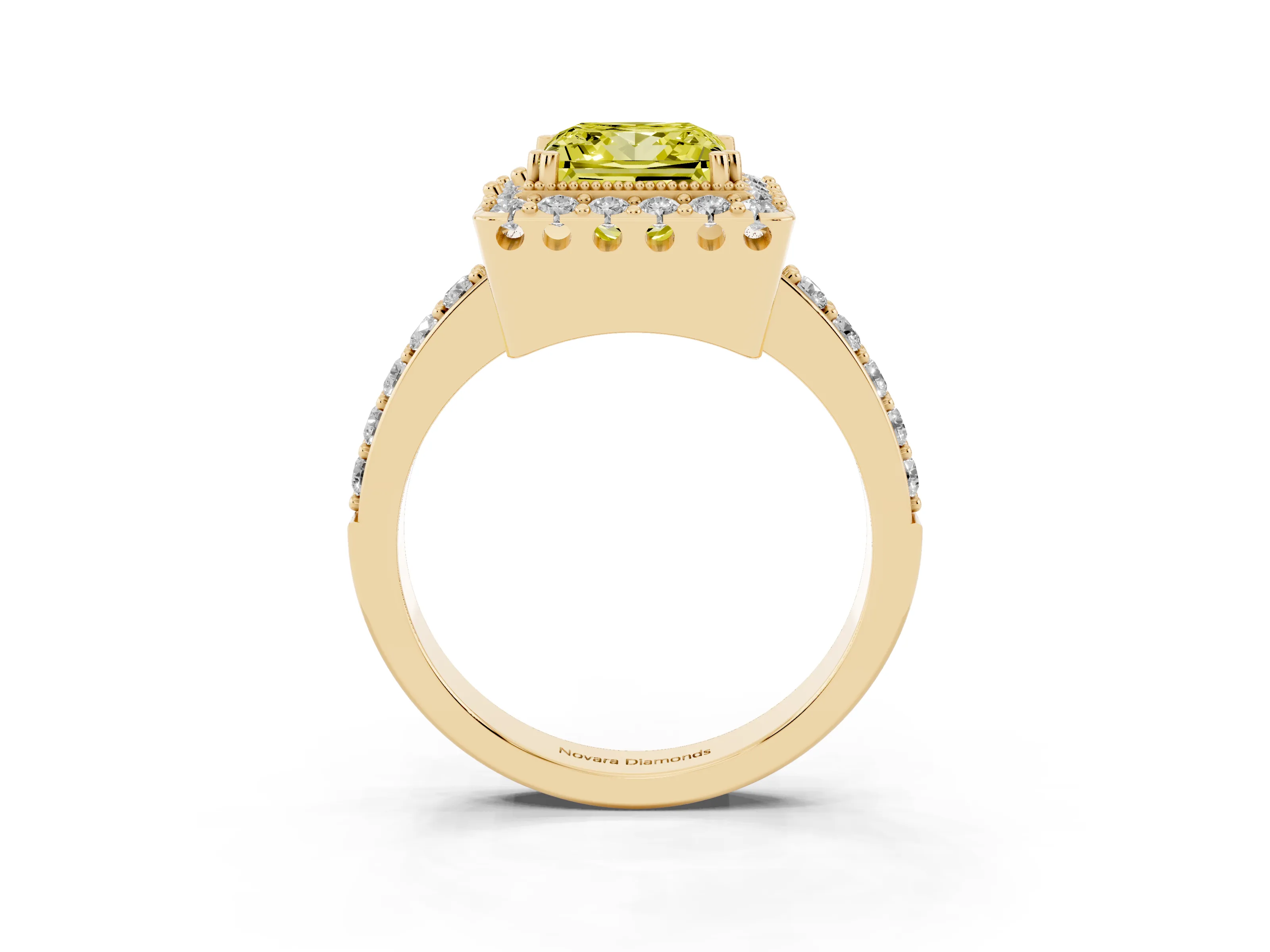 Fancy Yellow Princess Cut Diamond Halo Ring Set in Yellow gold with Pavé Shank and Prong Setting