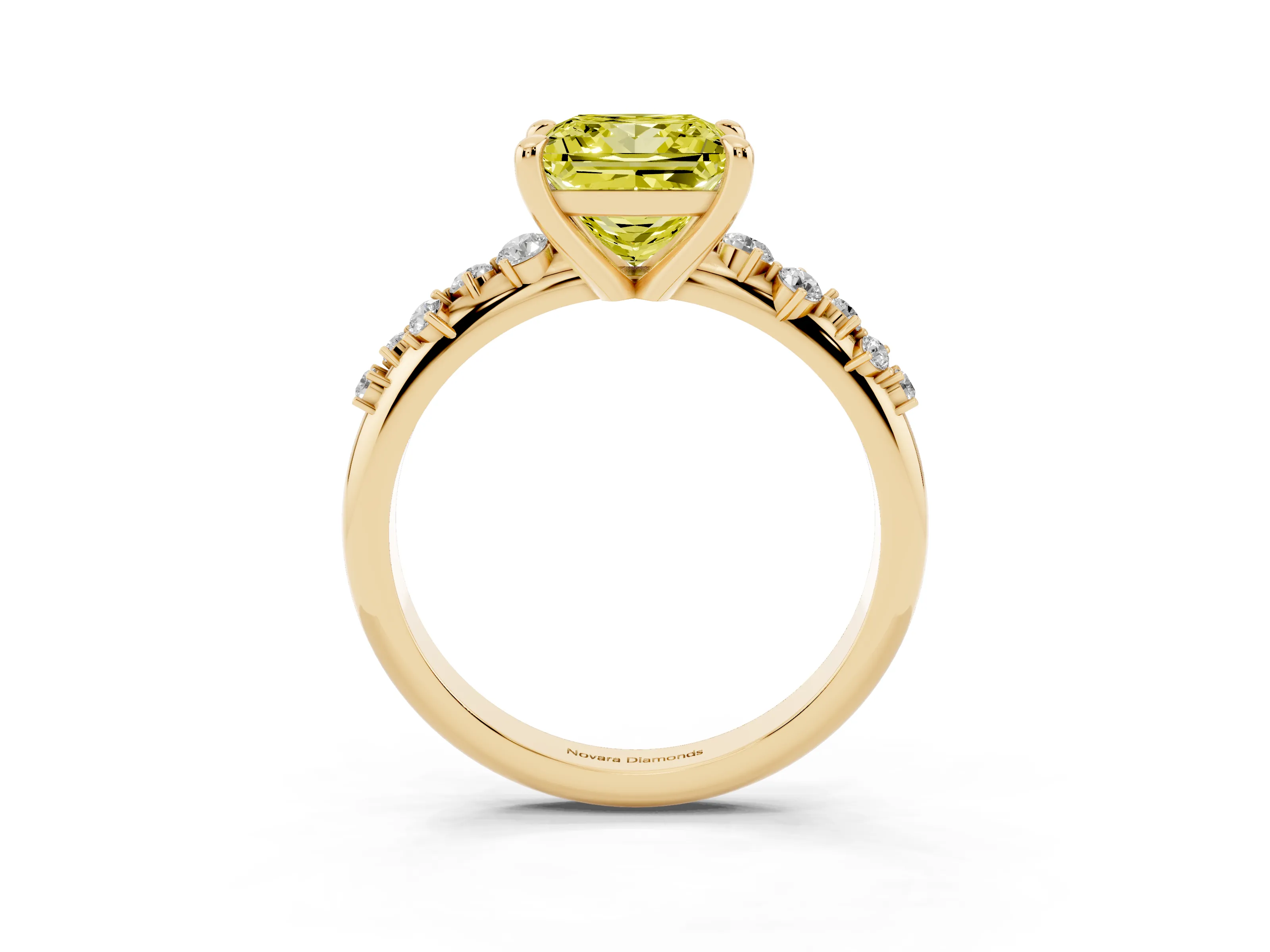 Fancy Yellow Princess Cut Diamond Solitaire Vine Band Ring Set in Yellow gold with Round Accents and Prong Setting