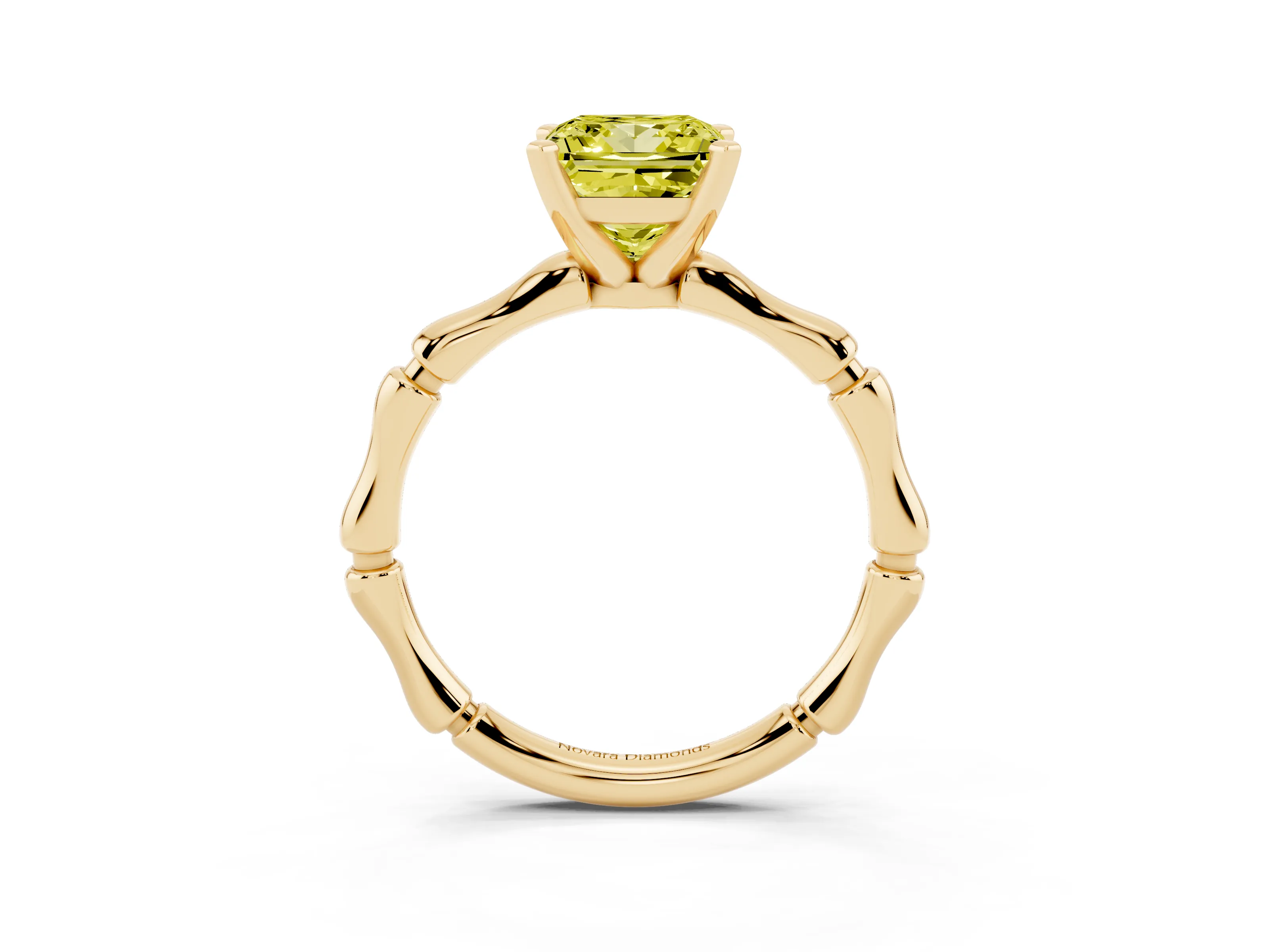 Fancy Yellow Princess Cut Diamond Solitaire Ring Set in Yellow gold with Bamboo Band and Prong Setting
