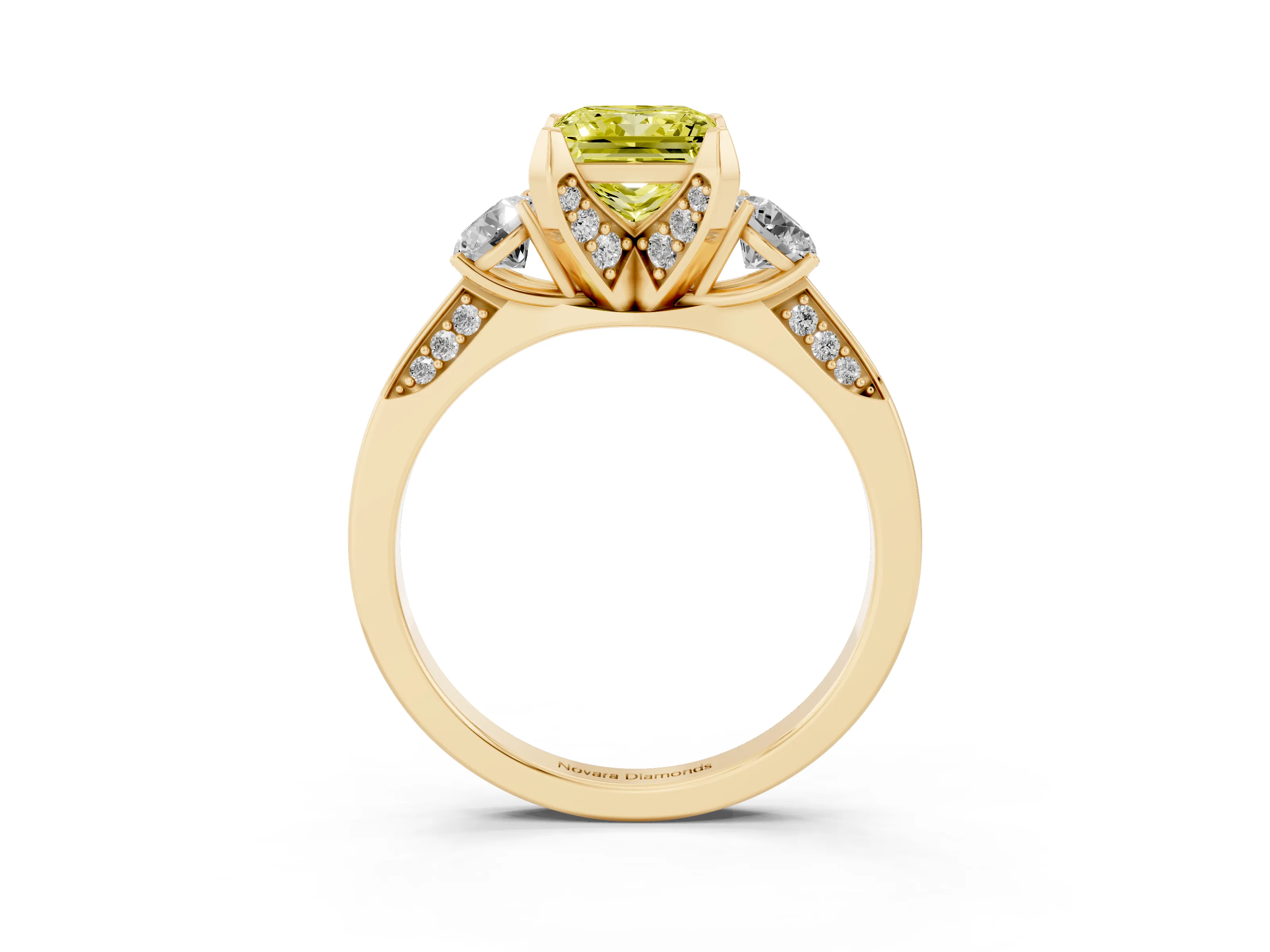 Fancy Yellow Princess Cut Diamond Three-Stone Ring Set in Yellow gold with Pavé Band and Smaller Side Stones