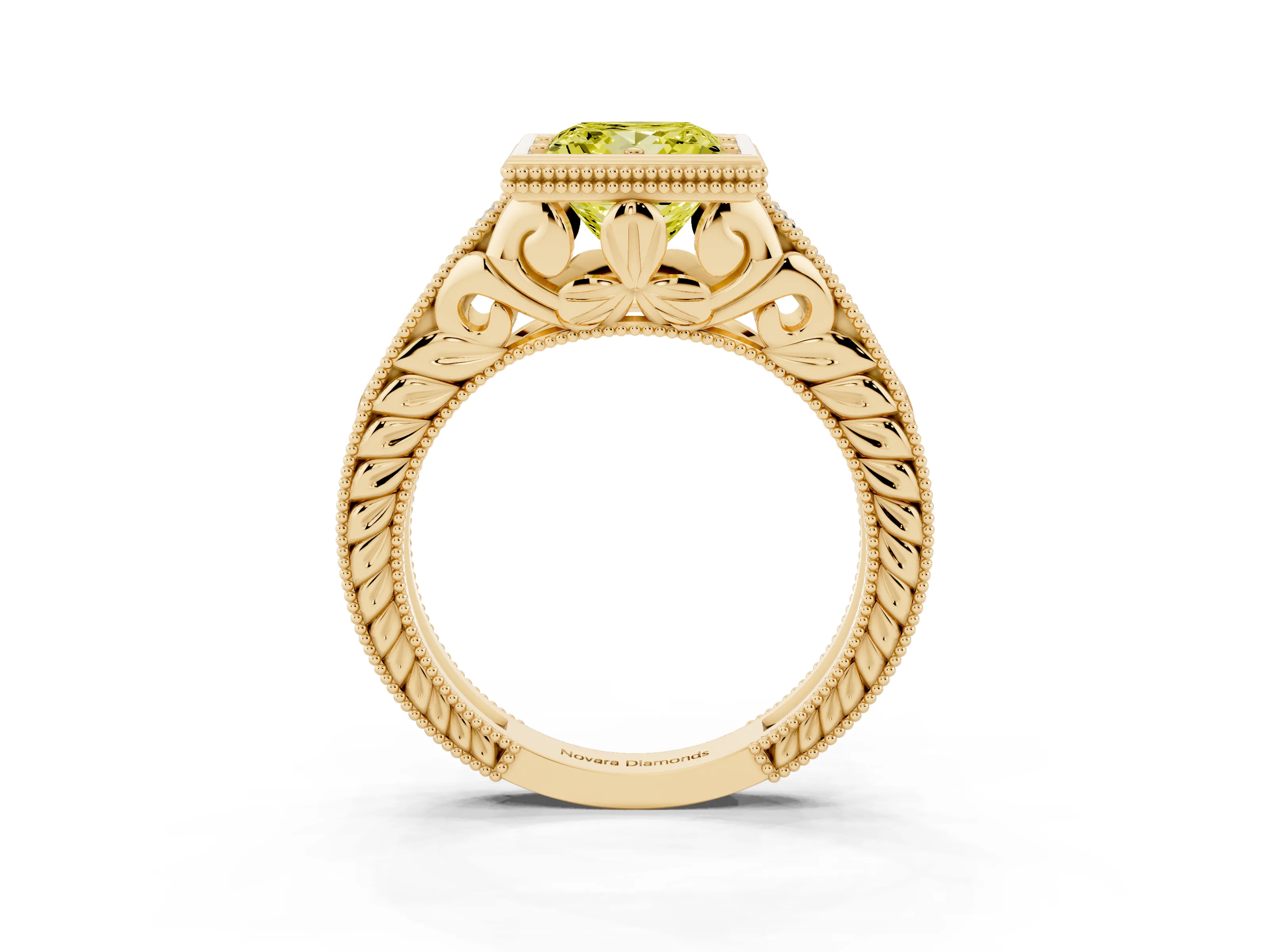 Fancy Yellow Bezel Set Princess Cut Diamond Milgrain Pavé Engagement Ring Set in Yellow gold