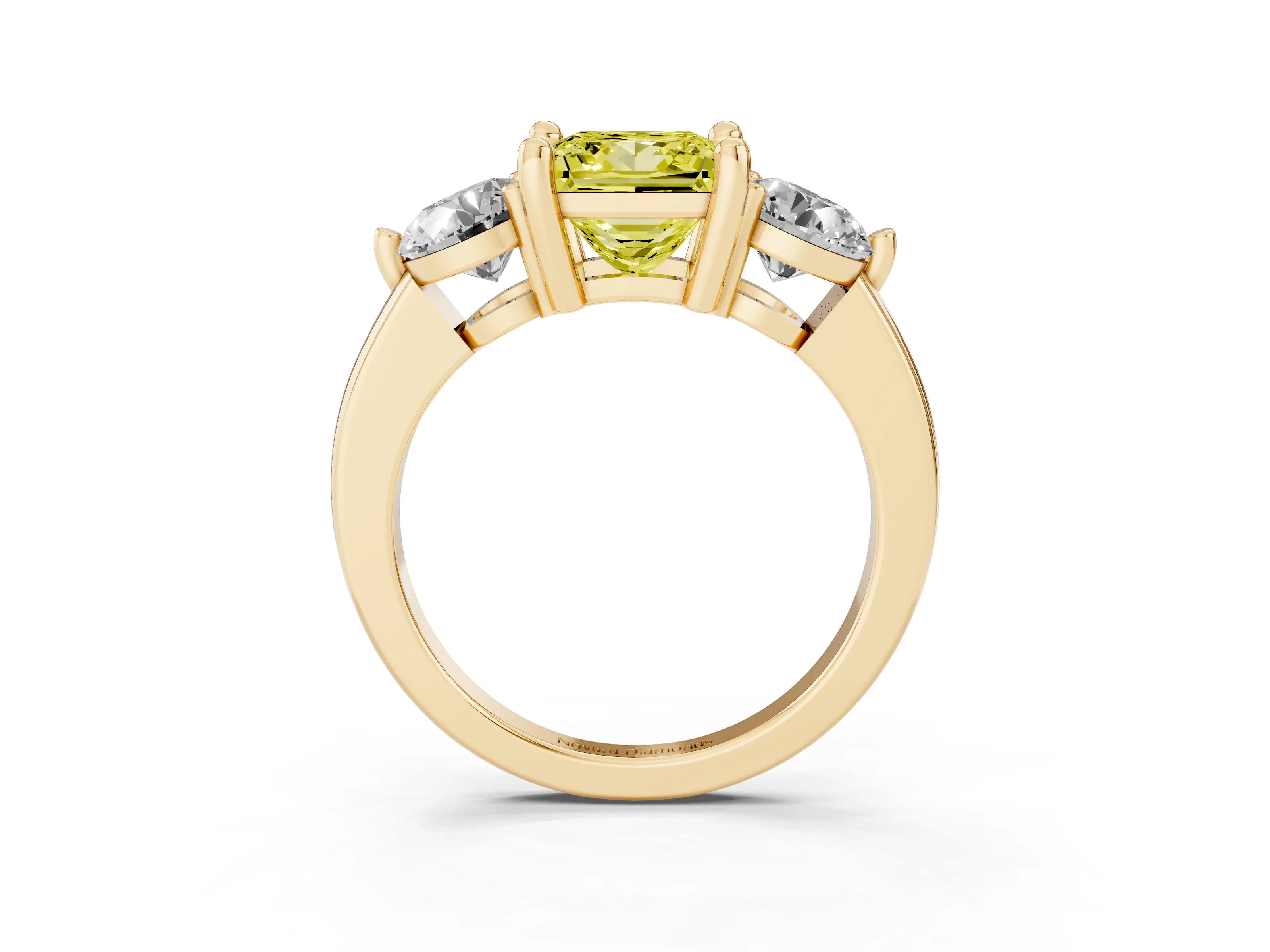 Fancy Yellow Princess Cut Diamond Three-Stone Ring Set in Yellow gold with Prong Setting and Classic Band