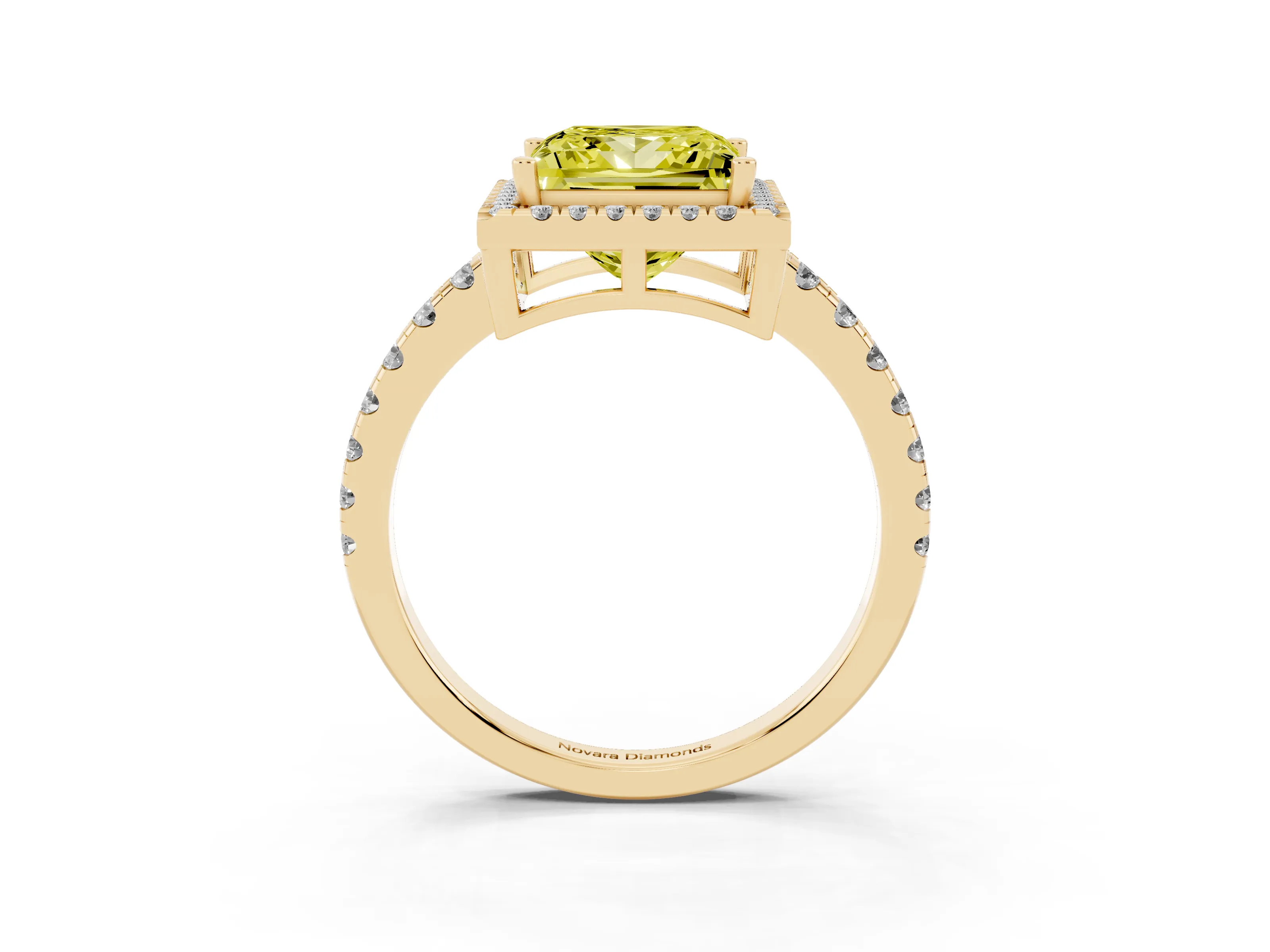 Fancy Yellow Princess Cut Diamond Halo Ring Set in Yellow gold with Delicate Pavé Band and Prong Setting
