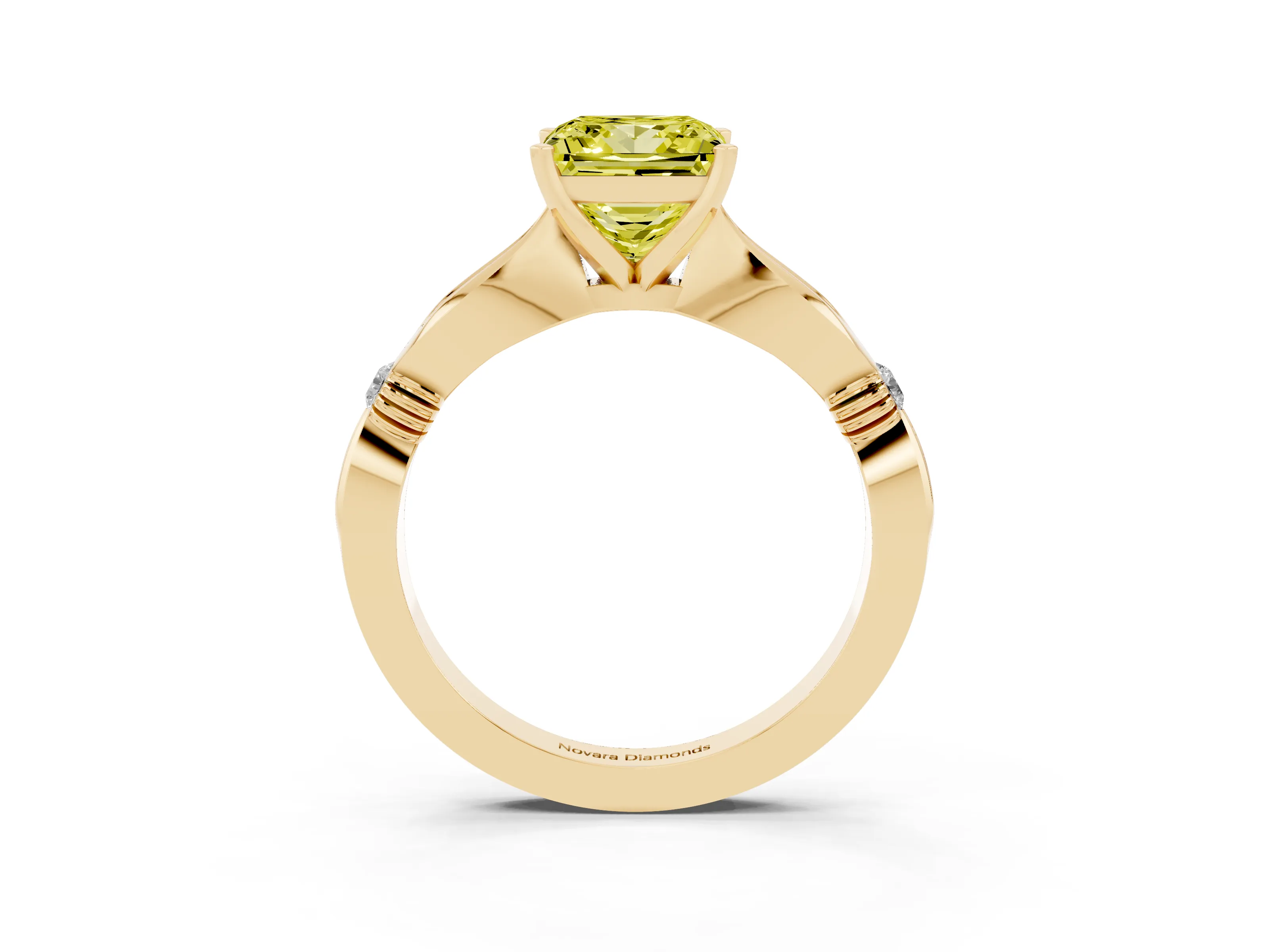 Fancy Yellow Princess Cut Diamond Solitaire Twisted Band Ring Set in Yellow gold with Accent Stones and Prong Setting