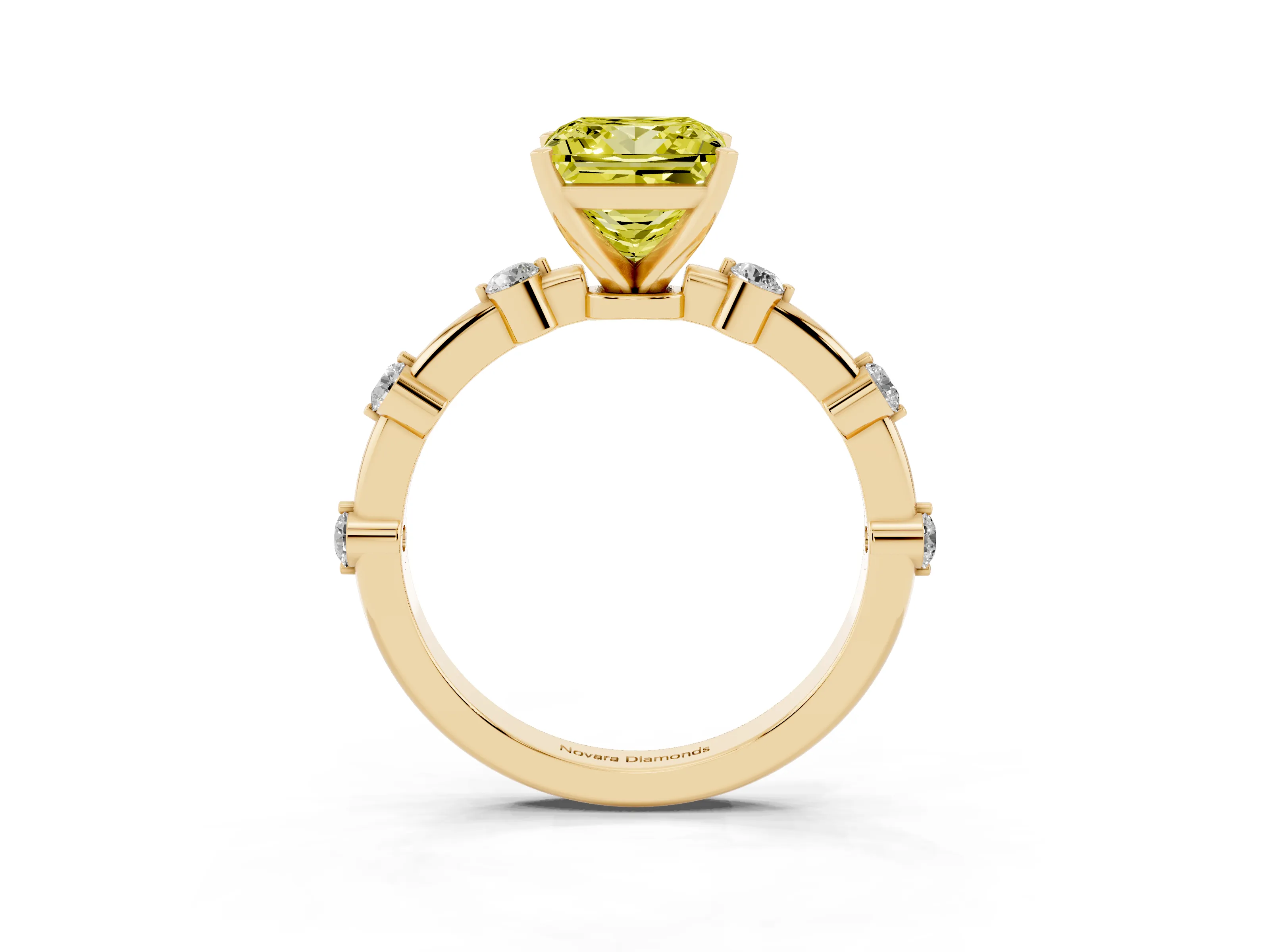 Fancy Yellow Princess Cut Diamond Solitaire Ring Set in Yellow gold with Bezel Set Side Stones and Prong Setting