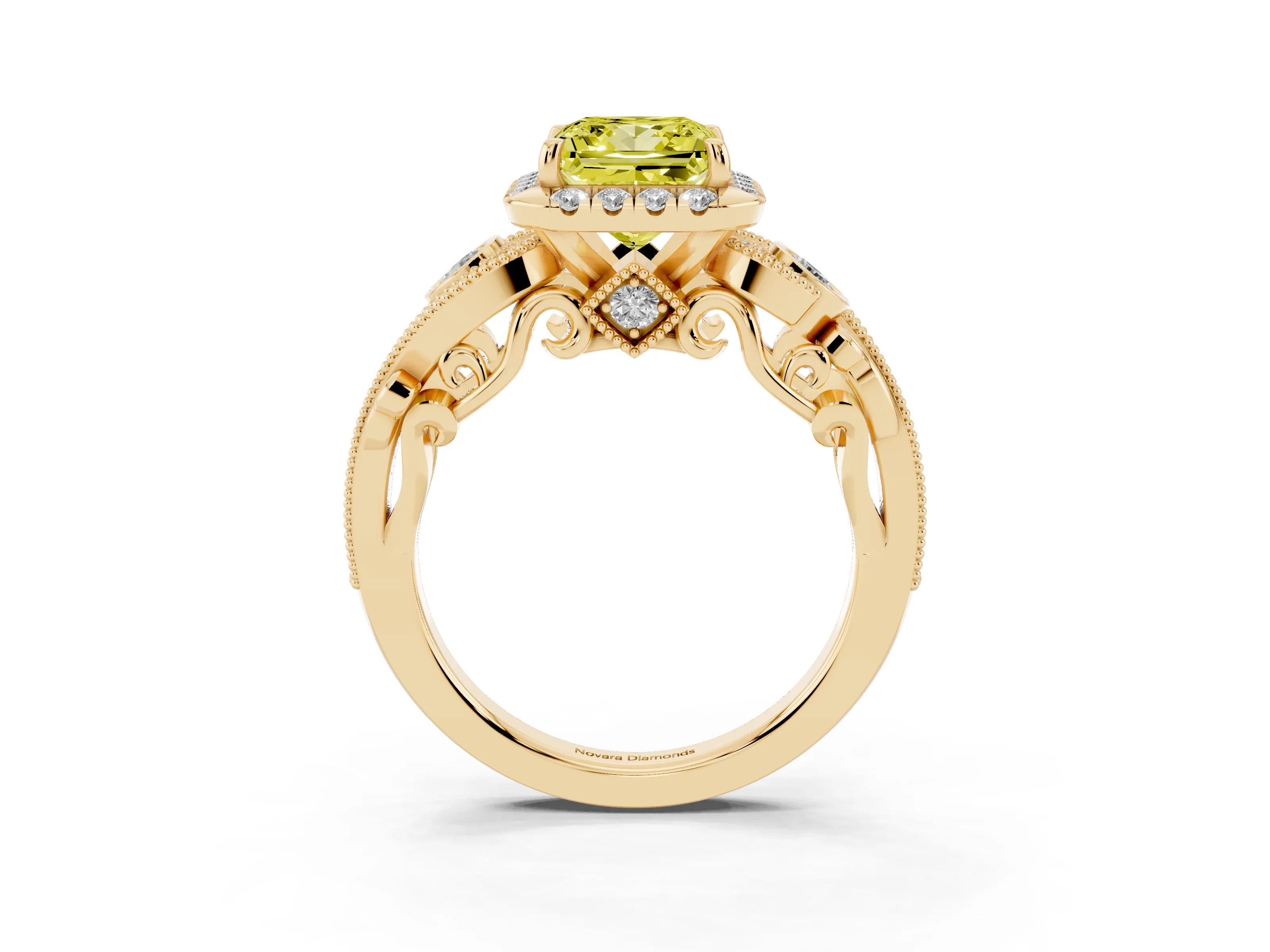 Fancy Yellow Princess Cut Diamond Halo Split Shank Ring Set in Yellow gold with Milgrain and Bezel Accents