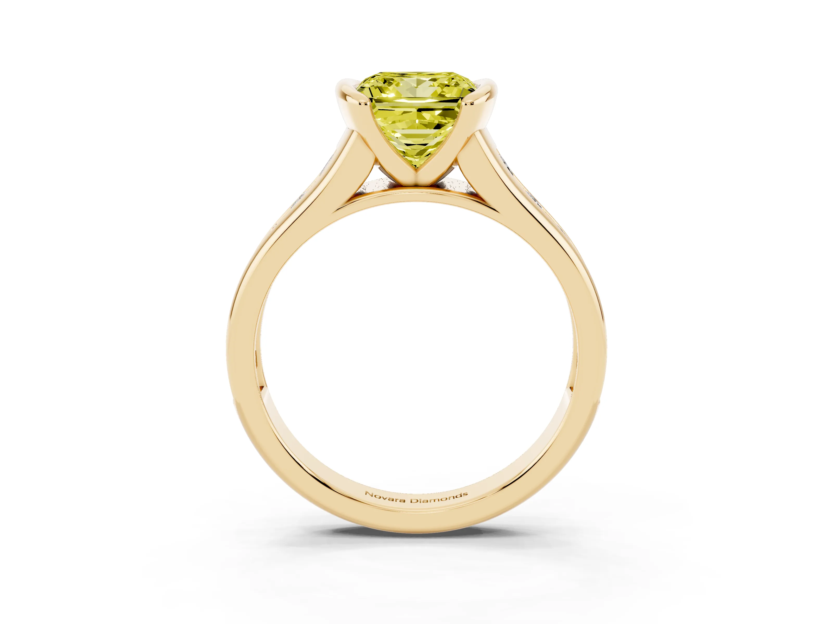 Fancy Yellow Princess Cut Diamond Bezel-Set Solitaire Ring Set in Yellow gold with Channel-Set Band