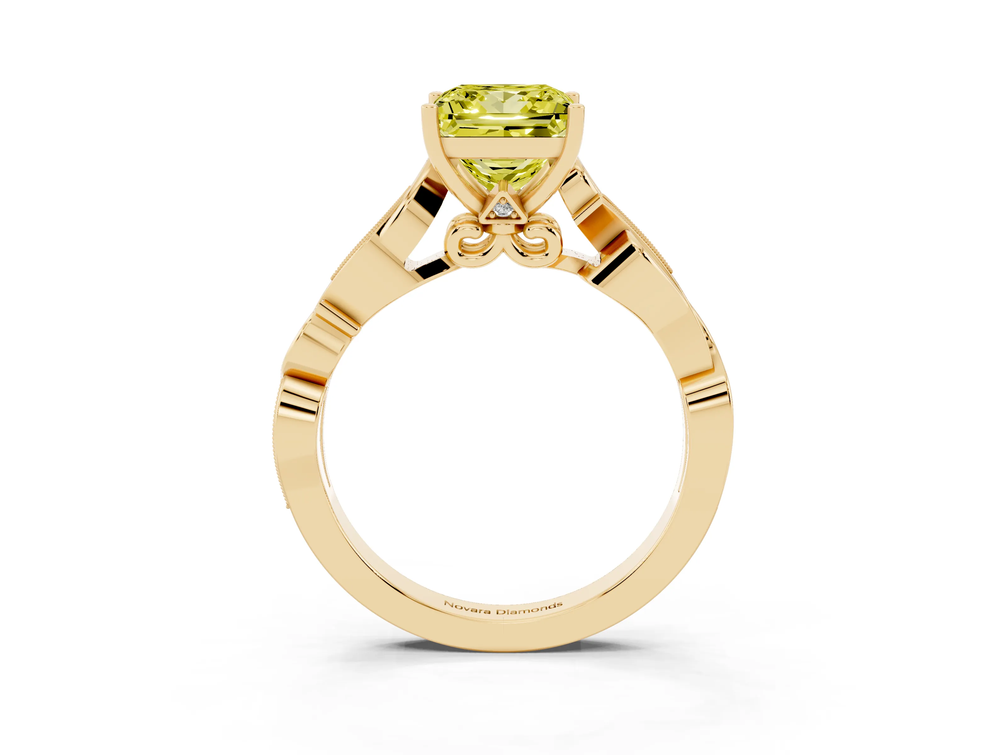 Fancy Yellow Princess Cut Diamond Vine Band Solitaire Ring Set in Yellow gold with Milgrain Prong Setting