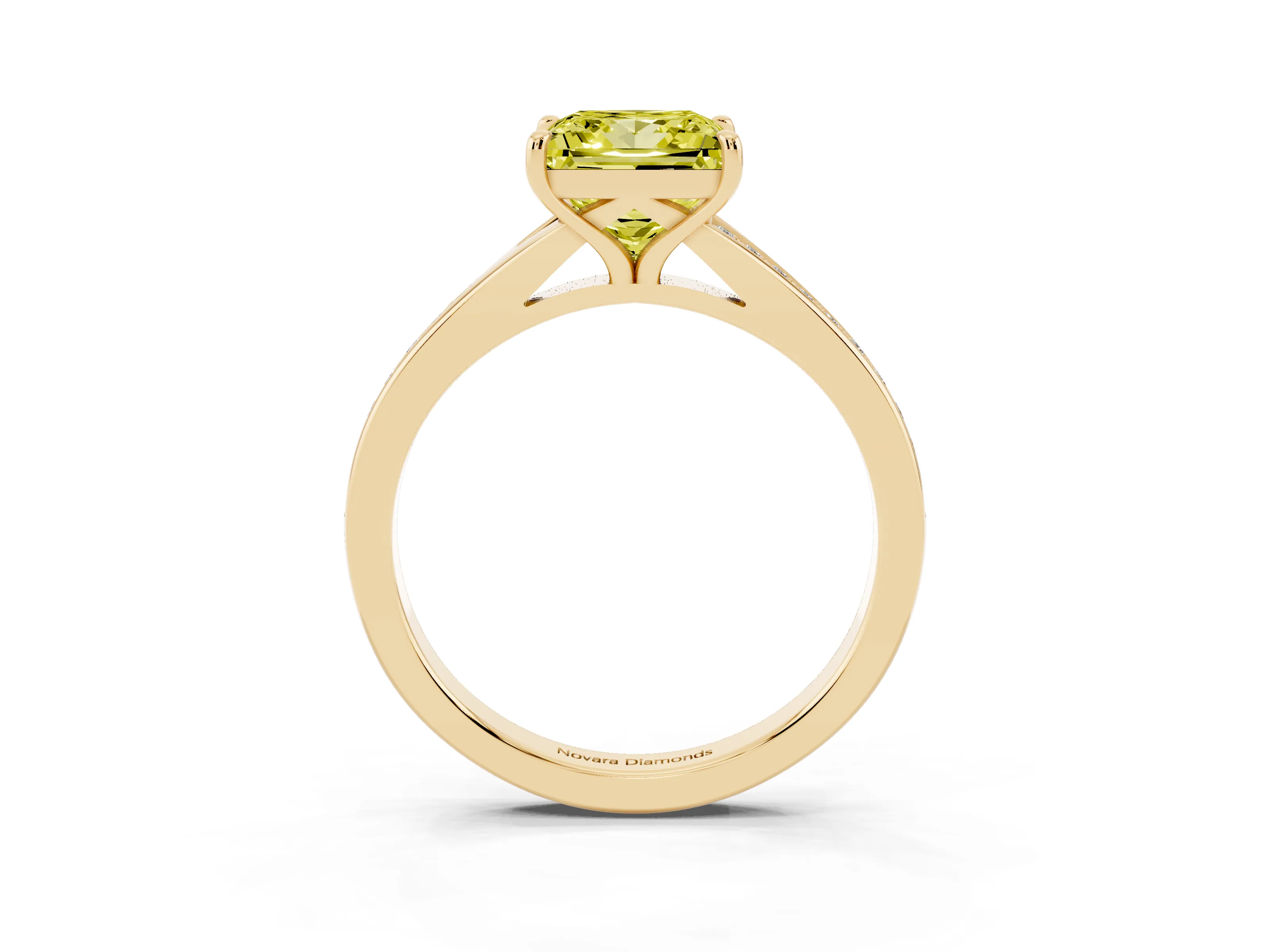 Fancy Yellow Princess Cut Diamond Solitaire Ring Set in Yellow gold with Pavé Accent Band and Classic Prong Setting