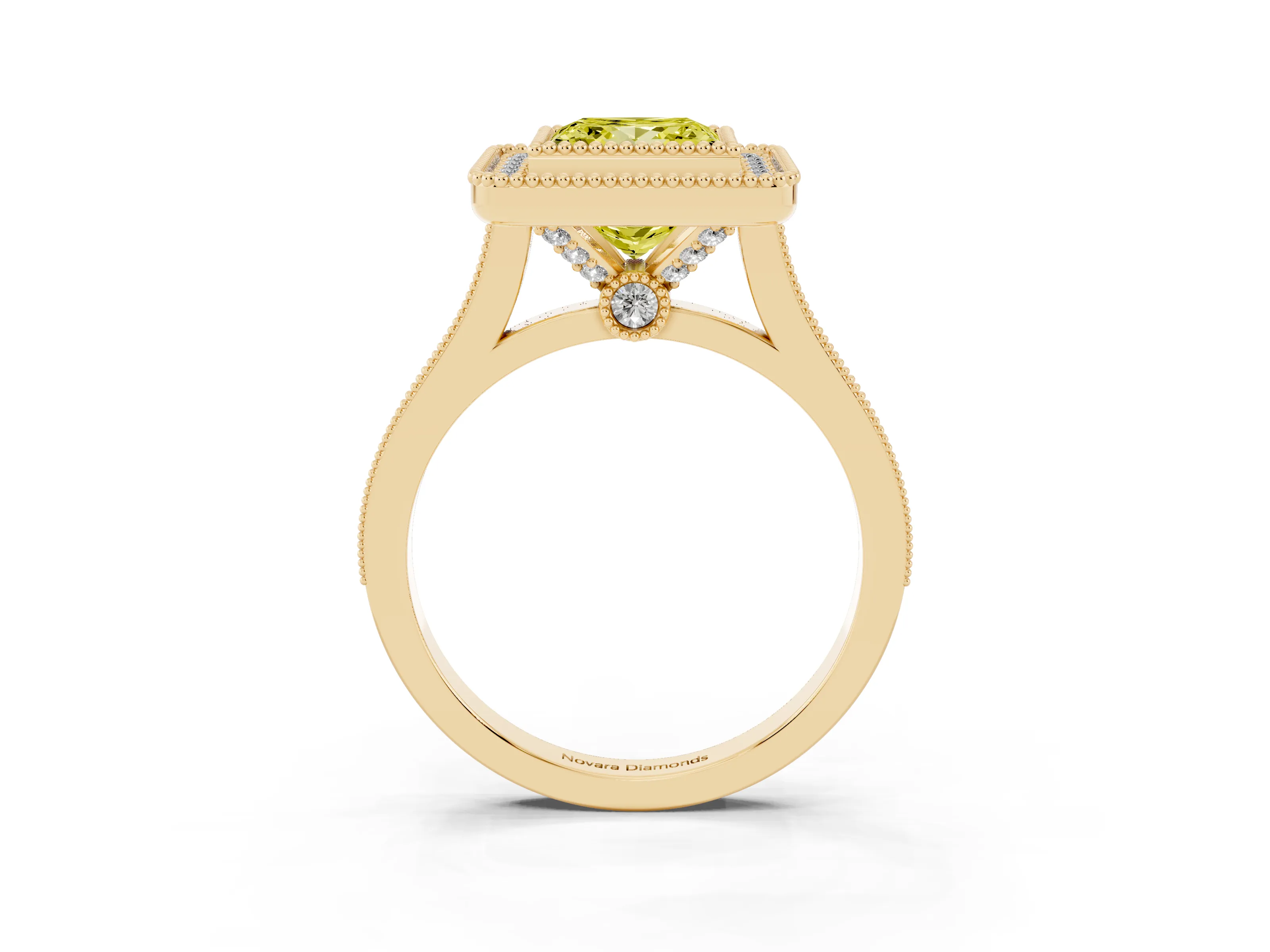 Fancy Yellow Princess Cut Diamond Halo Ring Set in Yellow gold with Milgrain Frame and Pavé Band