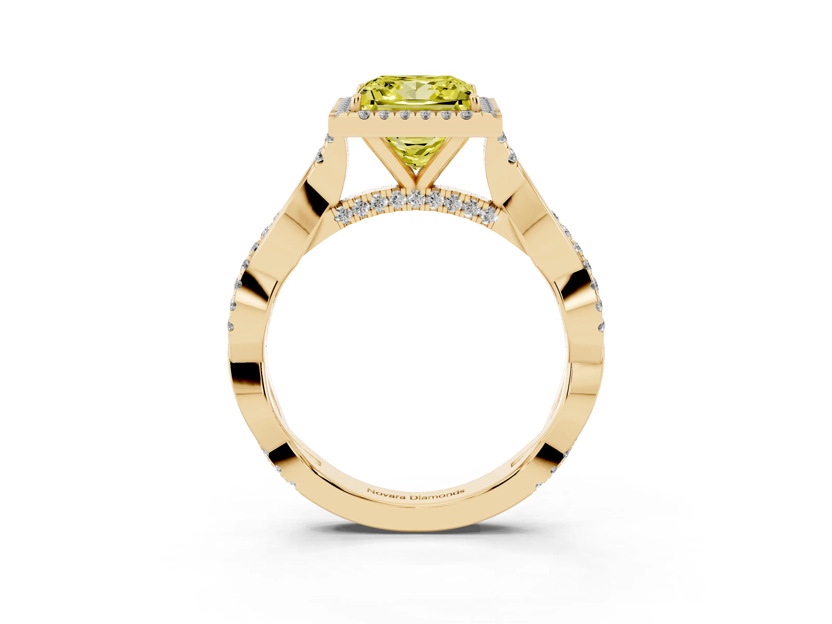 Fancy Yellow Princess Cut Diamond Halo Twist Band Solitaire Ring Set in Yellow gold with Prong Setting