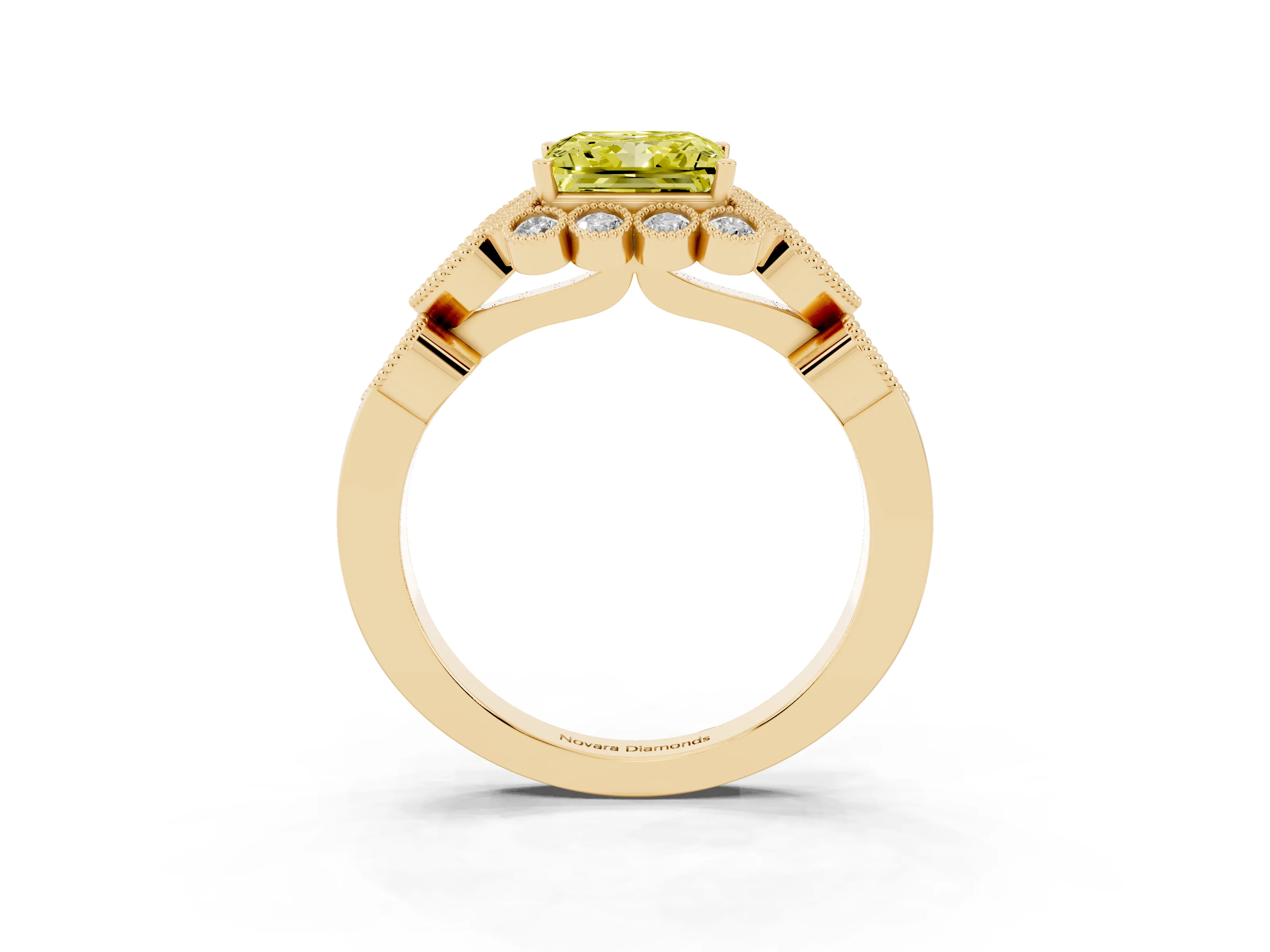 Fancy Yellow Princess Cut Diamond Solitaire Ring Set in Yellow gold with Milgrain Pavé Heart Band