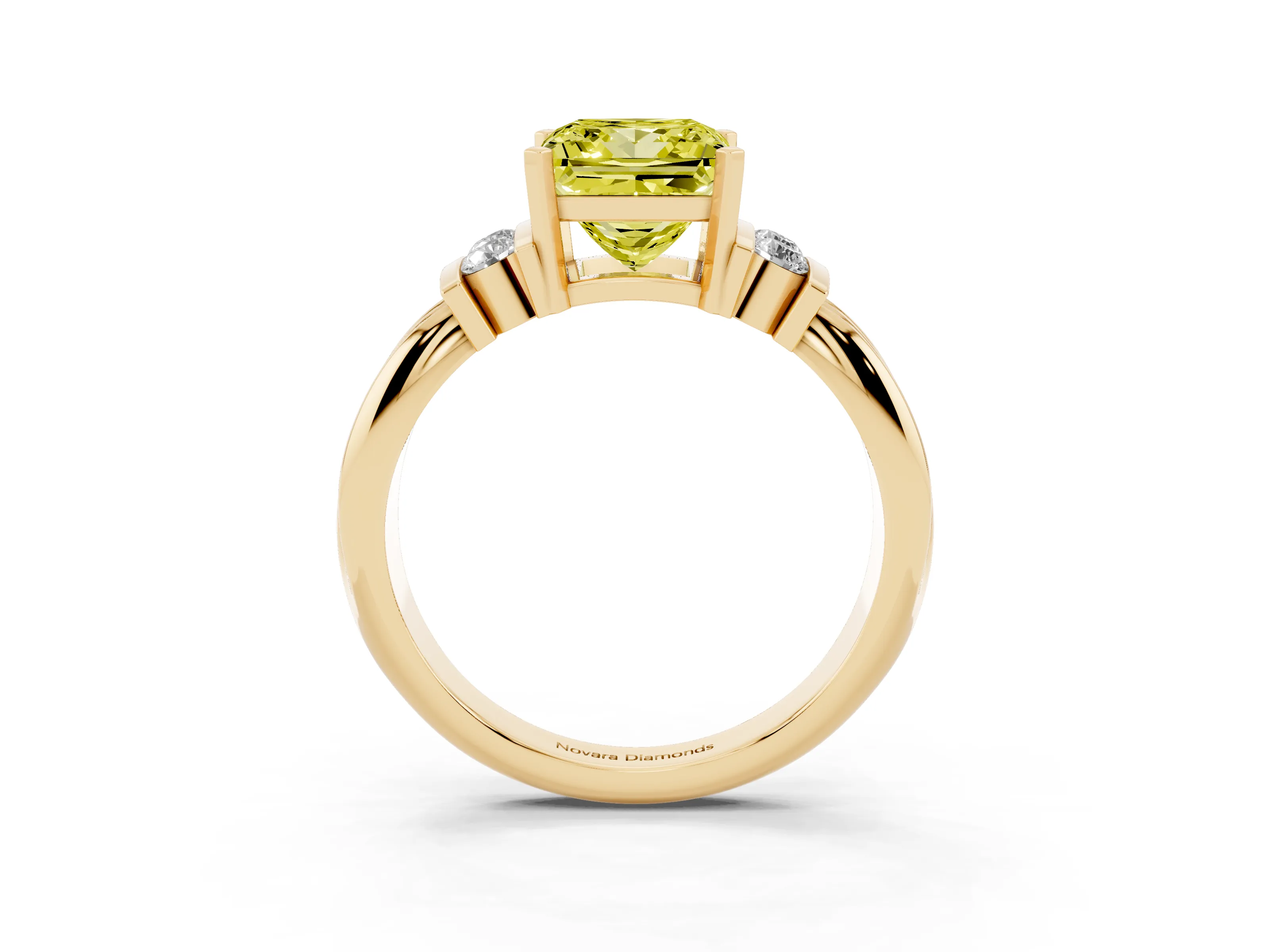 Fancy Yellow Three-Stone Princess Cut Diamond Channel Set Ring Set in Yellow gold with Bar Prongs