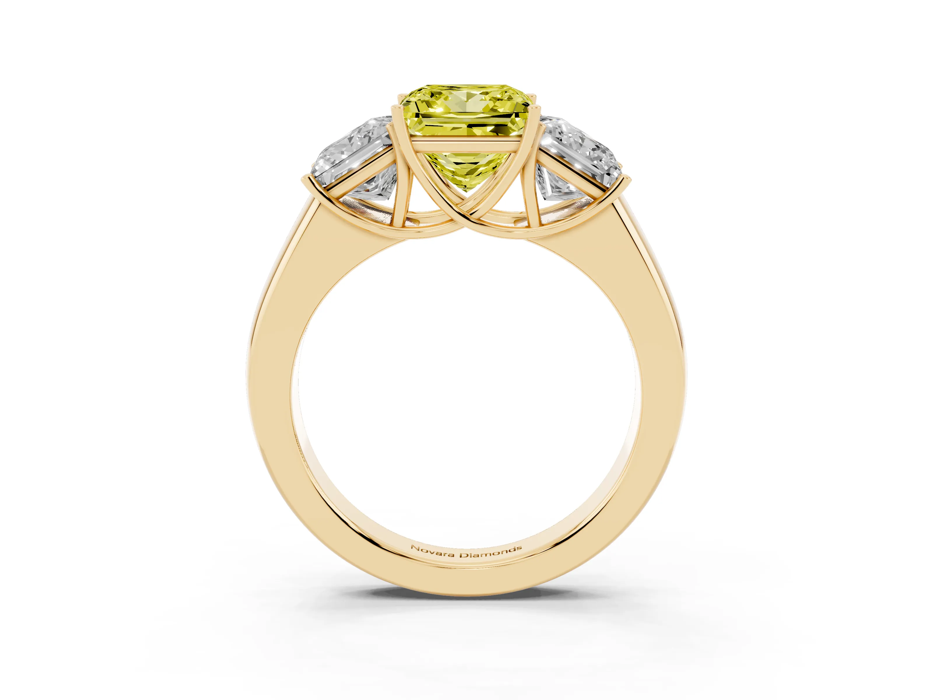 Fancy Yellow Three-Stone Princess Cut Diamond Ring Set in Yellow gold with Matching Prong Settings and Plain Band