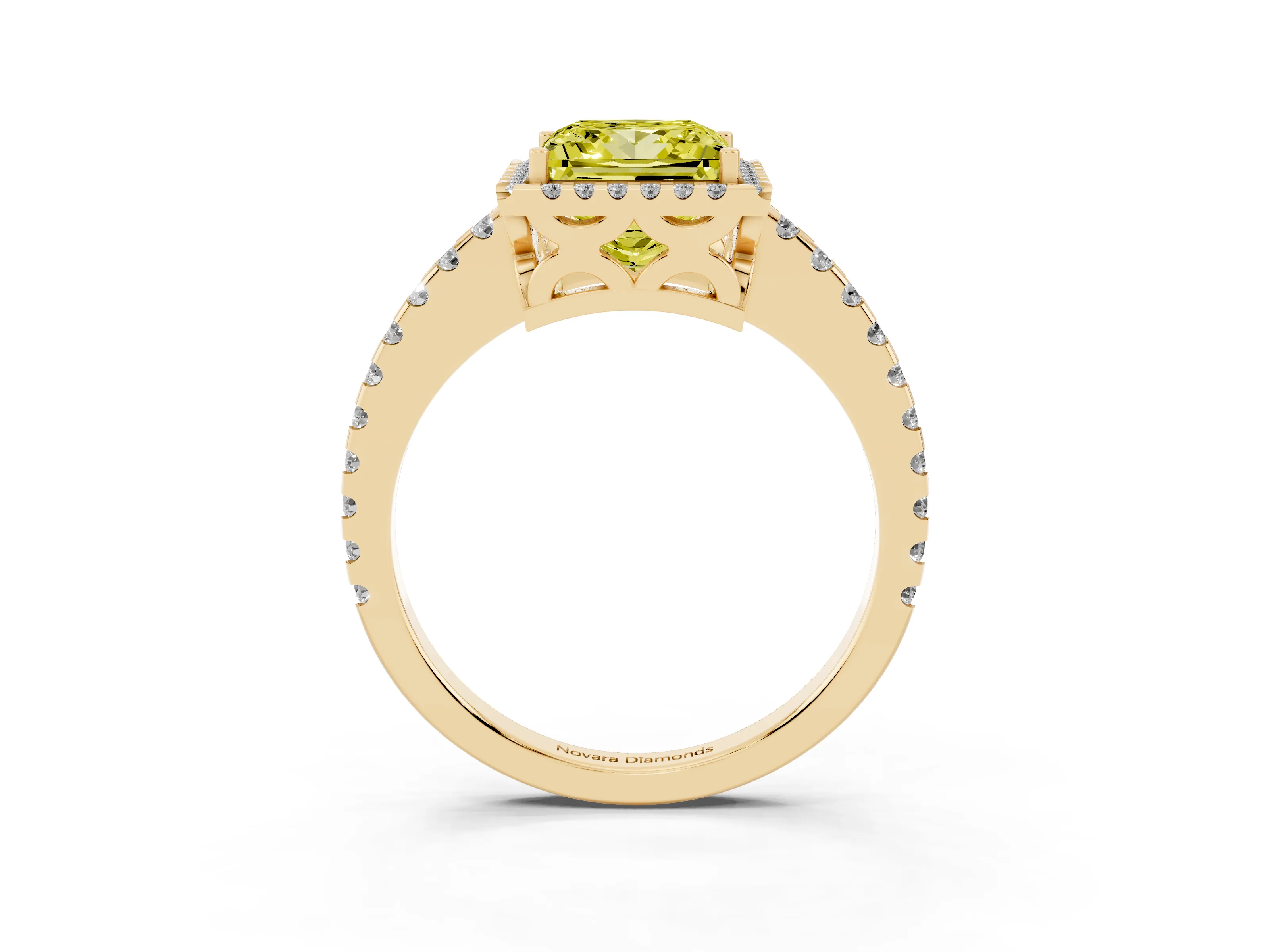 Fancy Yellow Princess Cut Diamond Halo Ring Set in Yellow gold with Pavé Shoulders and Halo-Framed Center