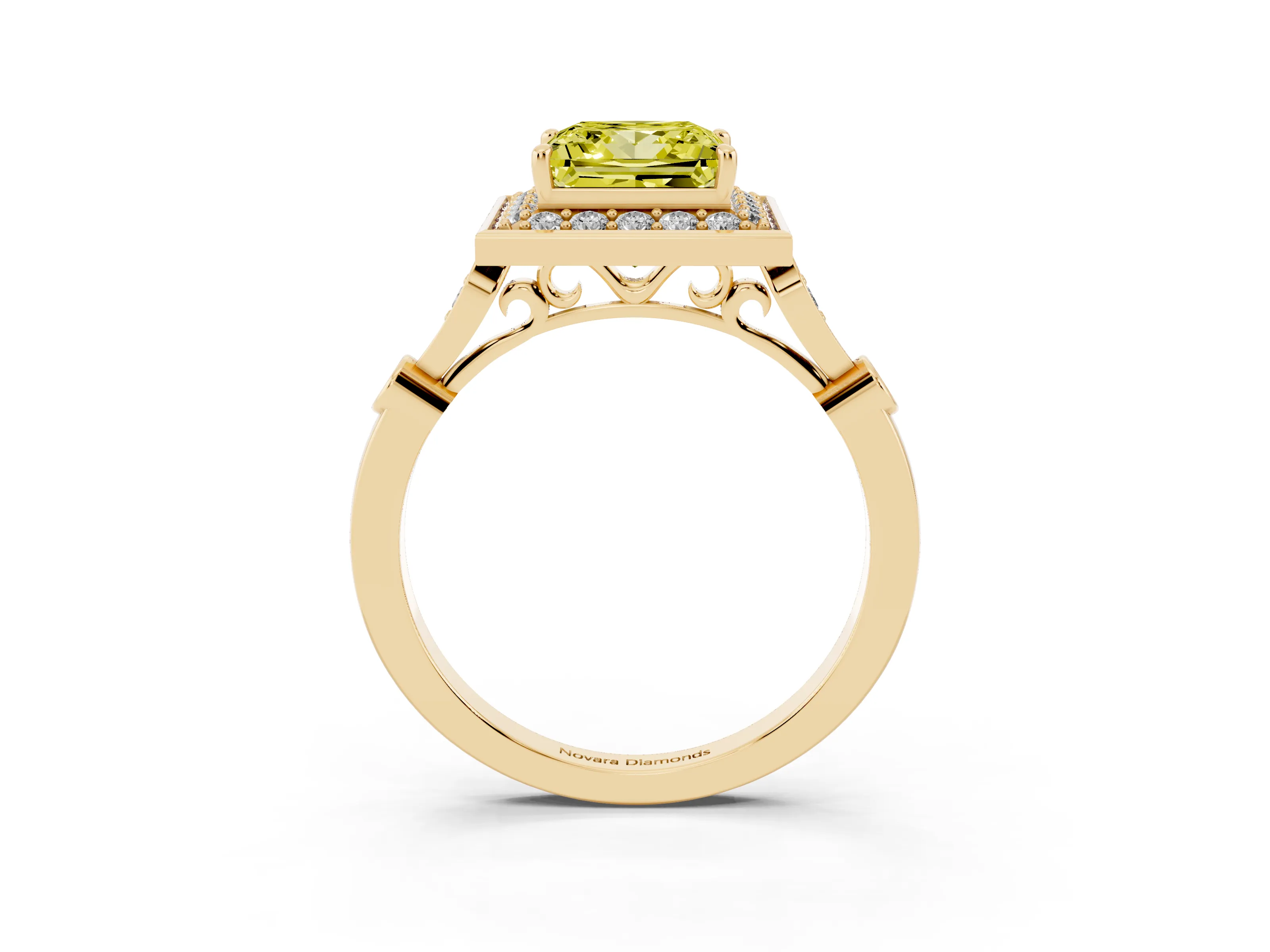 Fancy Yellow Princess Cut Diamond Halo Engagement Ring Set in Yellow gold with Twisted Band and Prong Setting