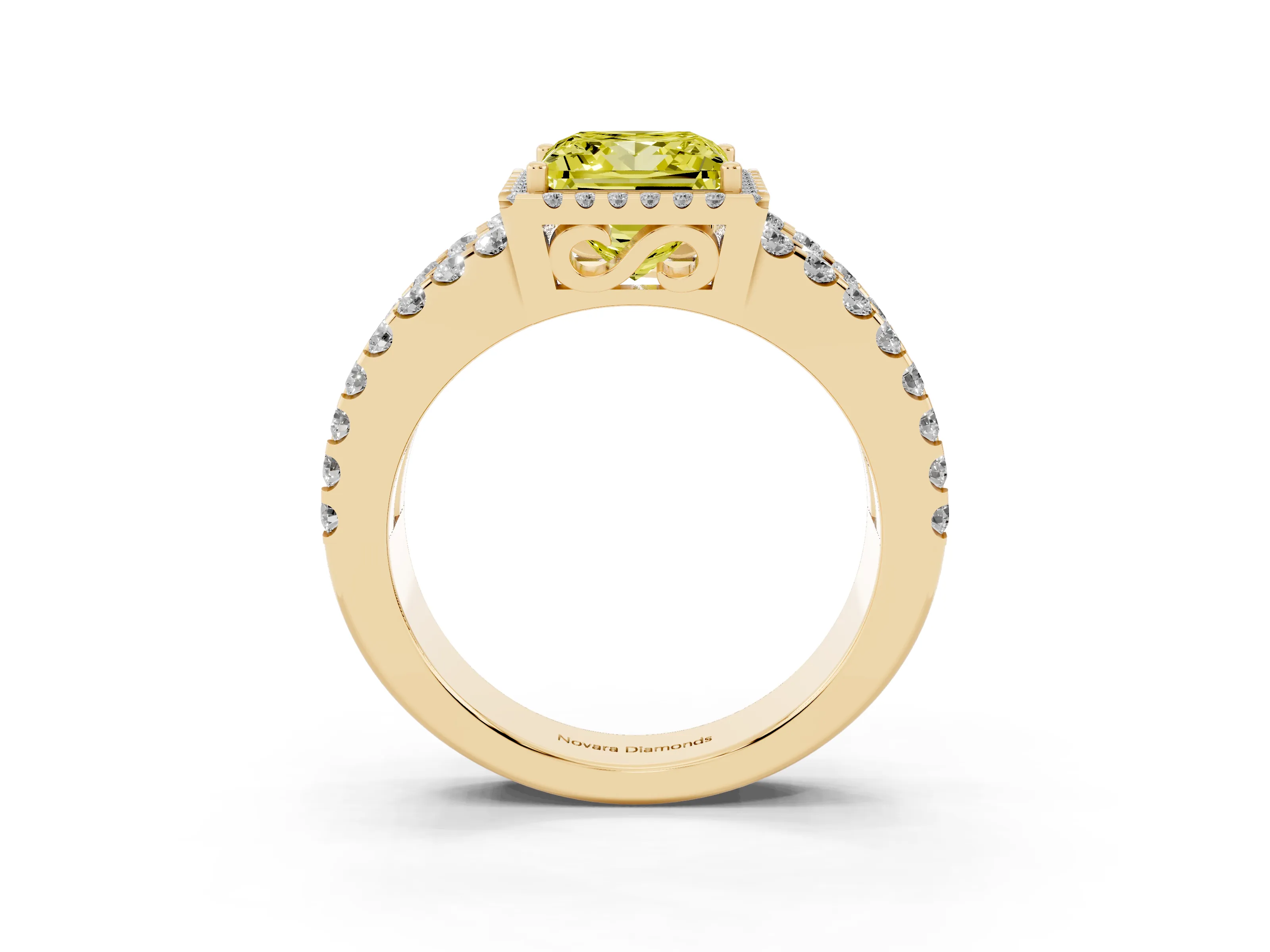 Fancy Yellow Princess Cut Diamond Halo Ring Set in Yellow gold with Pavé Split Shank and Prong Setting