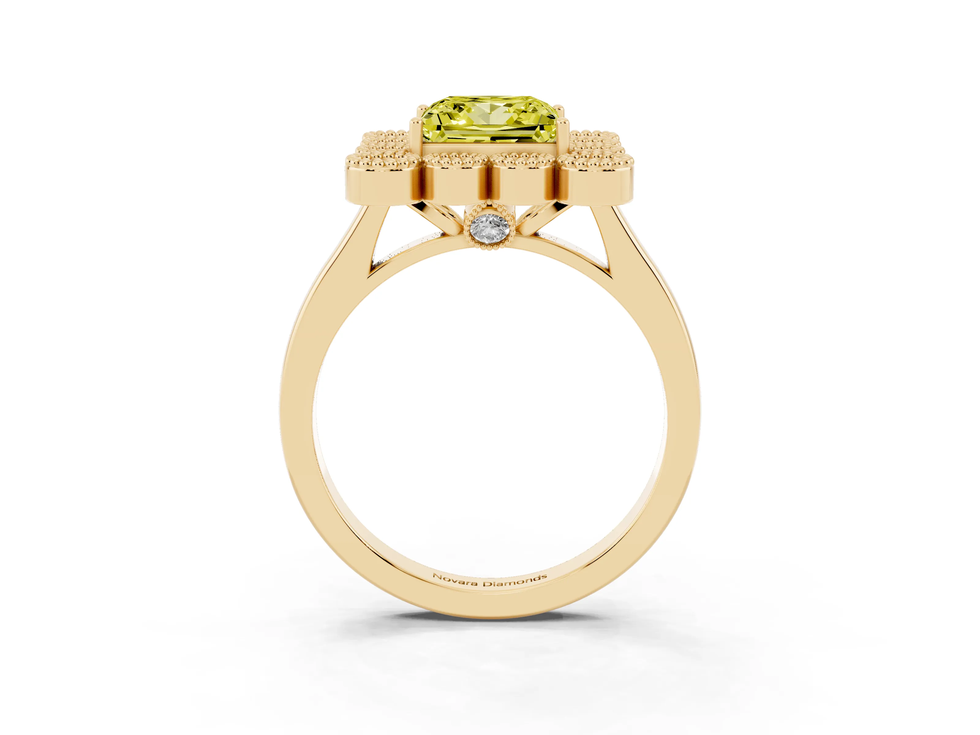Fancy Yellow Princess Cut Diamond Cluster Halo Ring Set in Yellow gold with Milgrain Bezel Accents and Plain Band