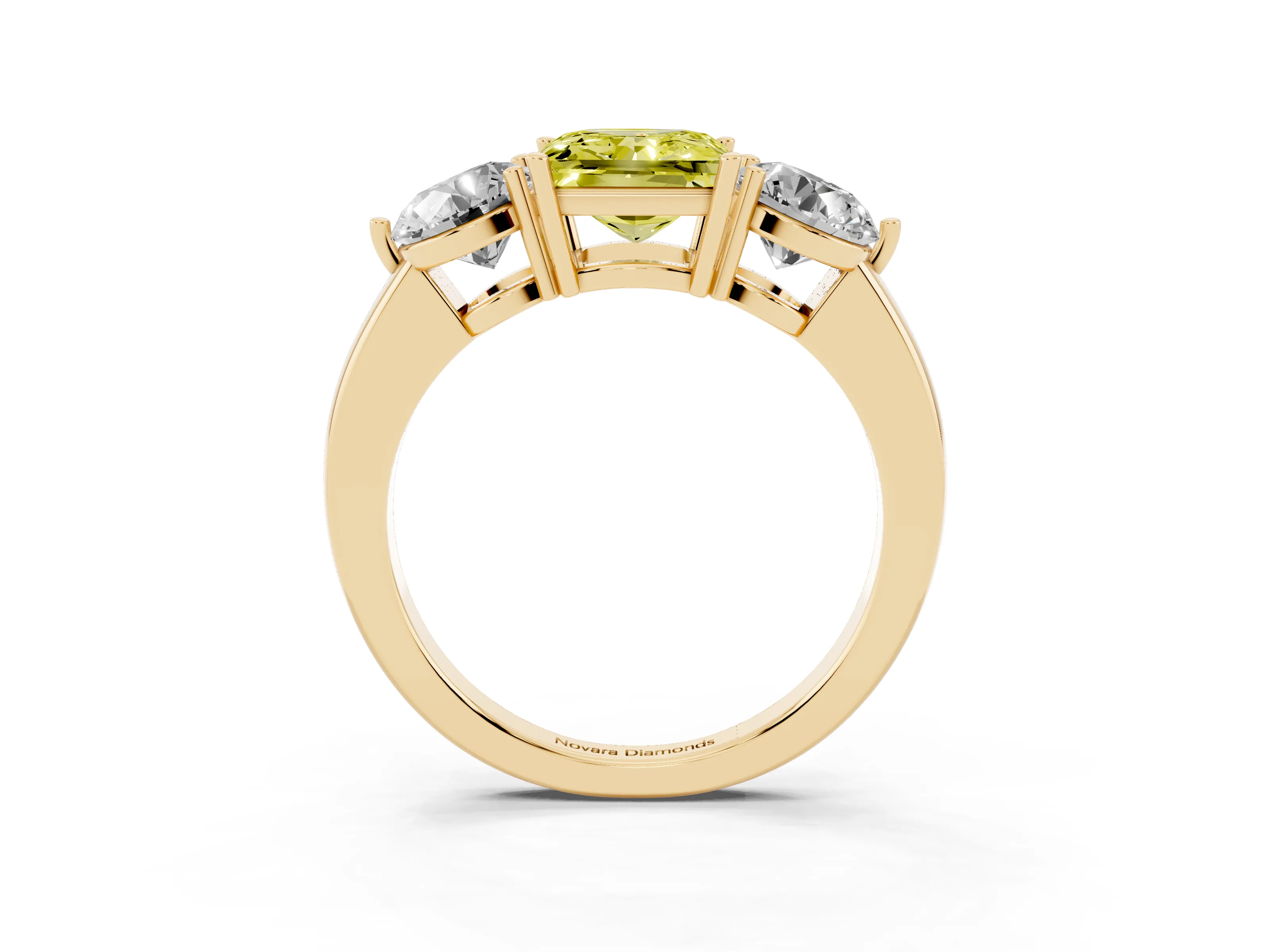 Fancy Yellow Princess Cut Diamond Three-Stone Ring Set in Yellow gold with Prong Setting and Plain Band