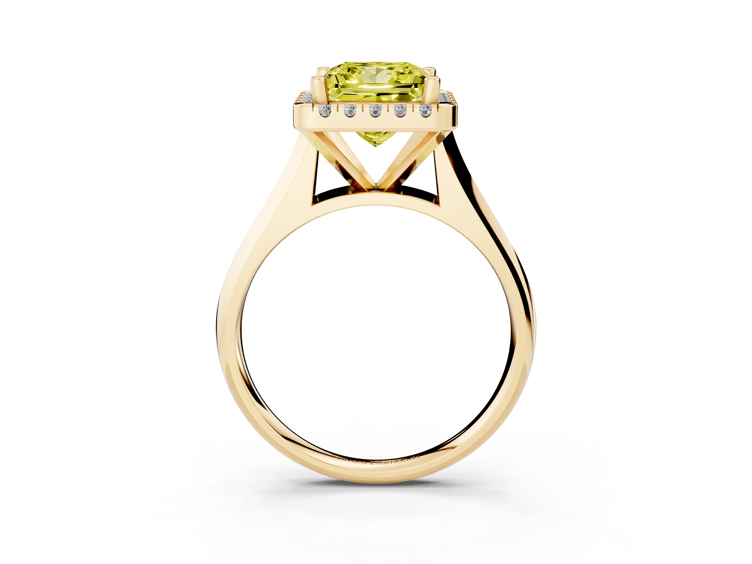 Fancy Yellow Princess Cut Diamond Halo Solitaire Engagement Ring Set in Yellow gold with Square Band and Prong Setting