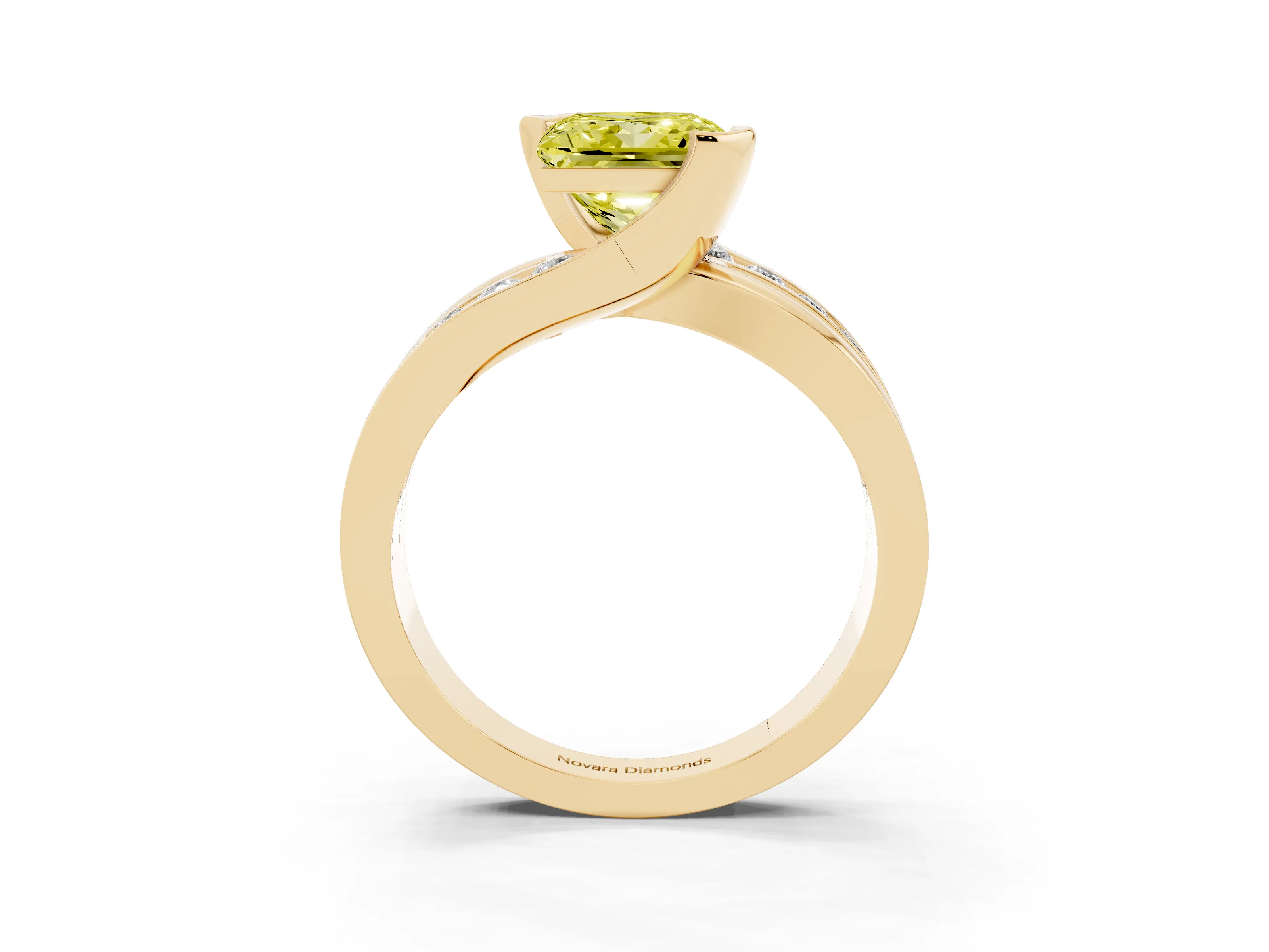 Fancy Yellow Princess Cut Diamond Solitaire Ring Set in Yellow gold with Channel Set Split Shank and Tension Prongs