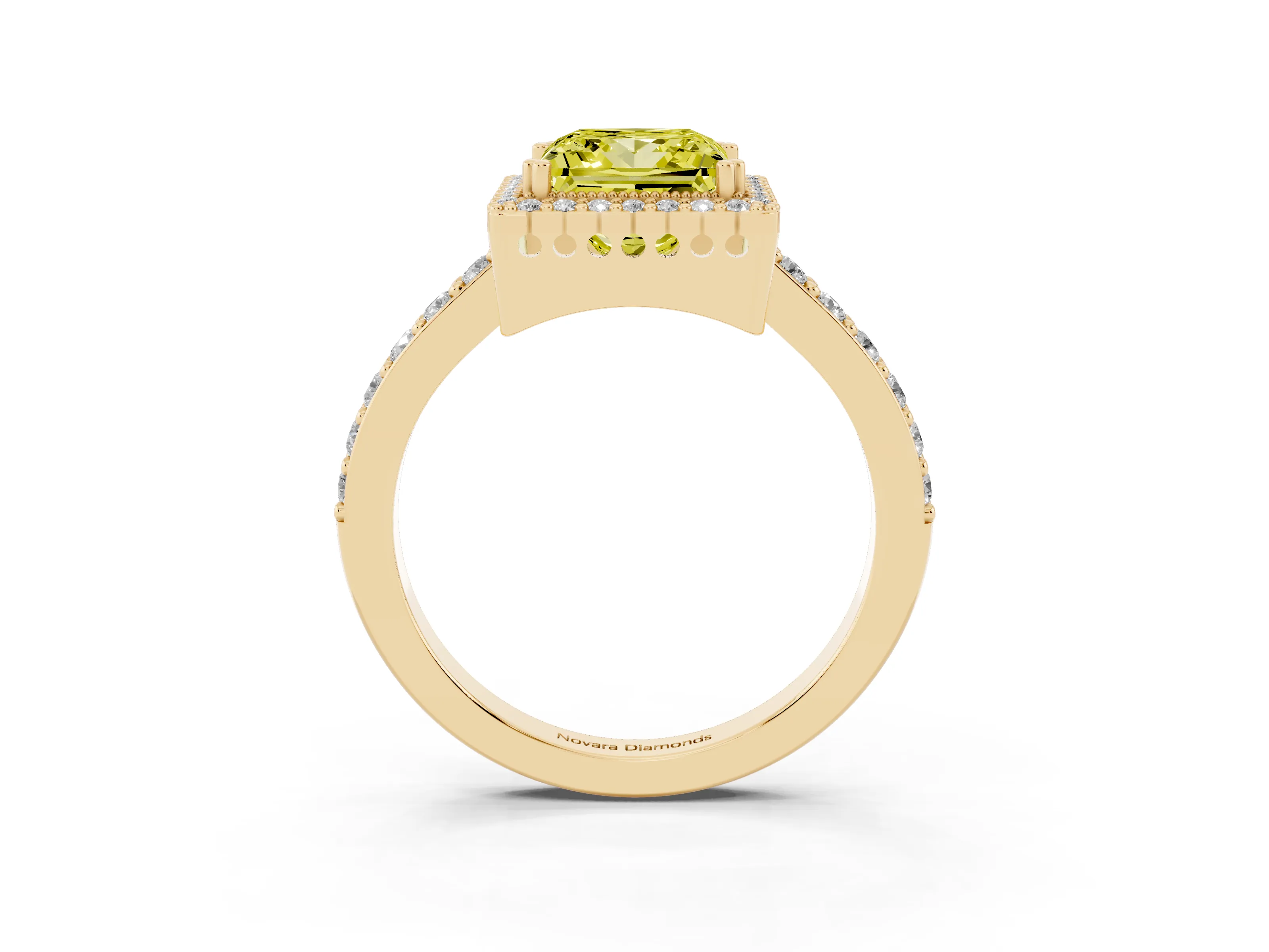 Fancy Yellow Princess Cut Diamond Halo Engagement Ring Set in Yellow gold with Milgrain Detail and Pavé Band