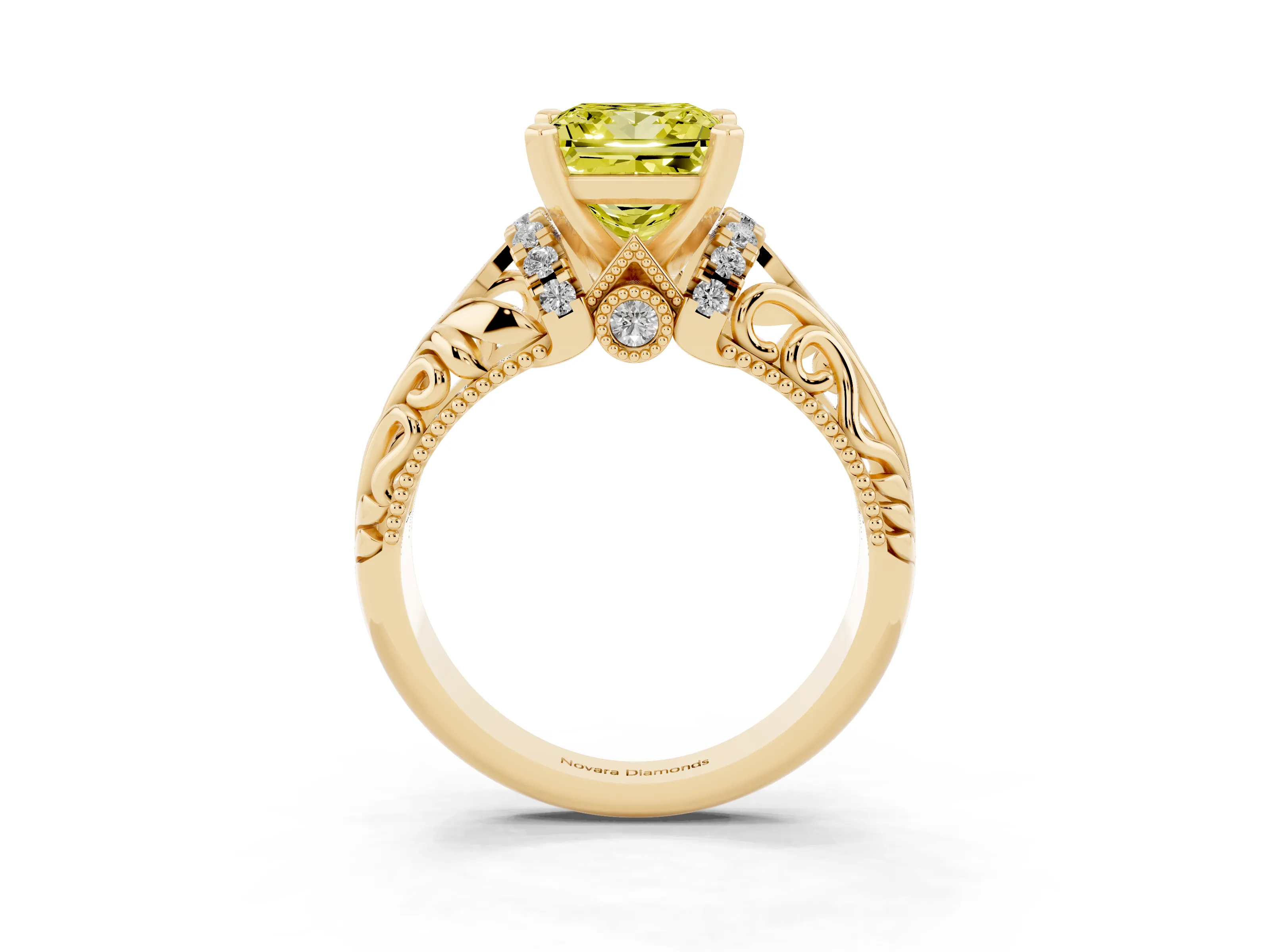 Fancy Yellow Princess Cut Diamond Filigree Halo Engagement Ring Set in Yellow gold with Prong Setting