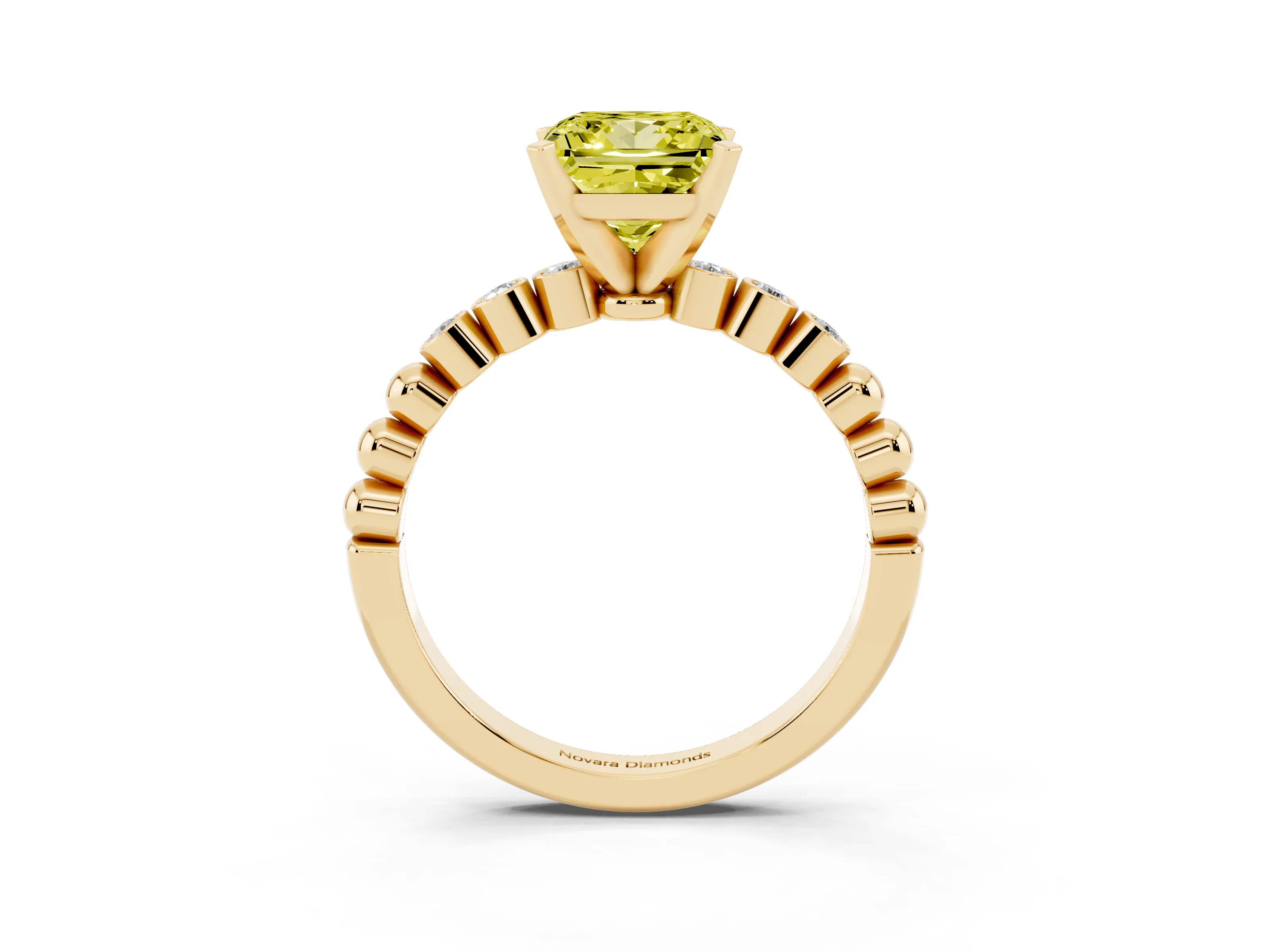 Fancy Yellow Princess Cut Diamond Solitaire Engagement Ring Set in Yellow gold with Bezel Accents on Beaded Band