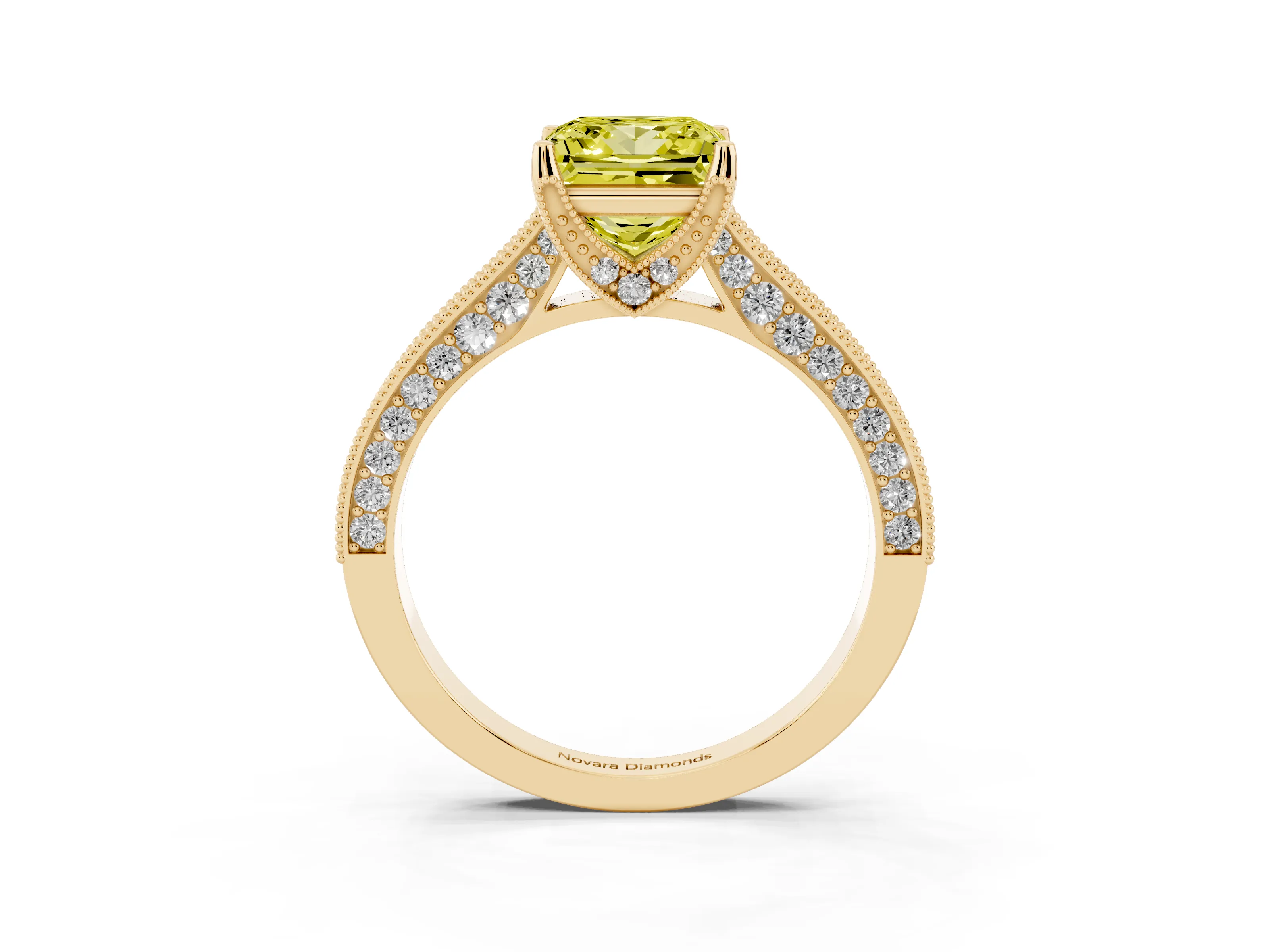 Fancy Yellow Princess Cut Diamond Solitaire Ring Set in Yellow gold with Milgrain-Edged Pavé Band and Prong Setting