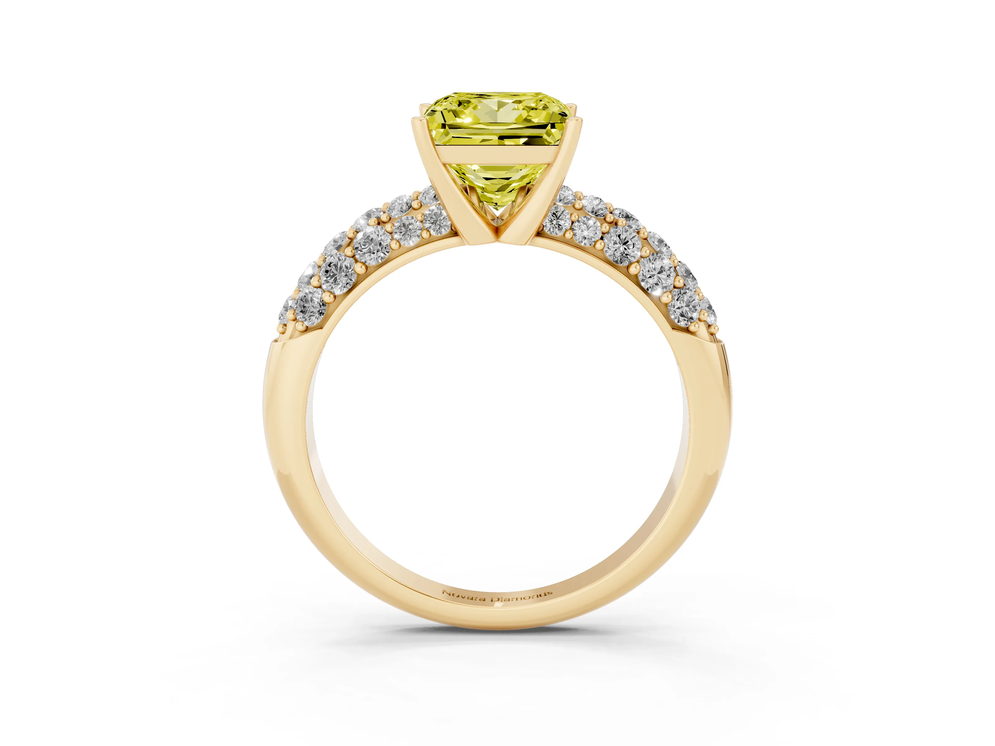 Fancy Yellow Princess Cut Diamond Pavé Band Solitaire Ring Set in Yellow gold with Close-Set Accent Stones and Prong Setting