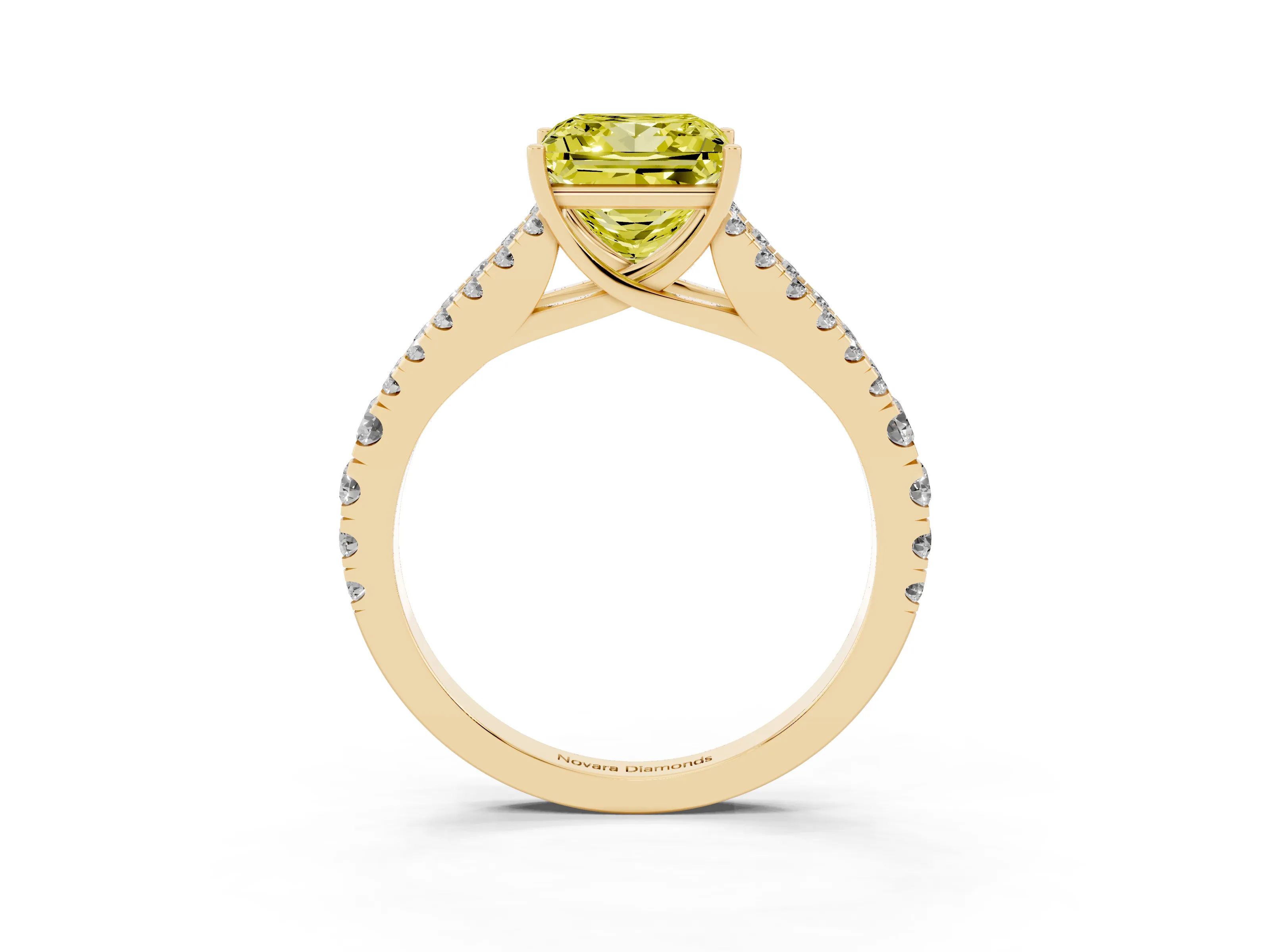 Fancy Yellow Princess Cut Diamond Split Shank Pavé Engagement Ring Set in Yellow gold with Prong-Held Center Stone