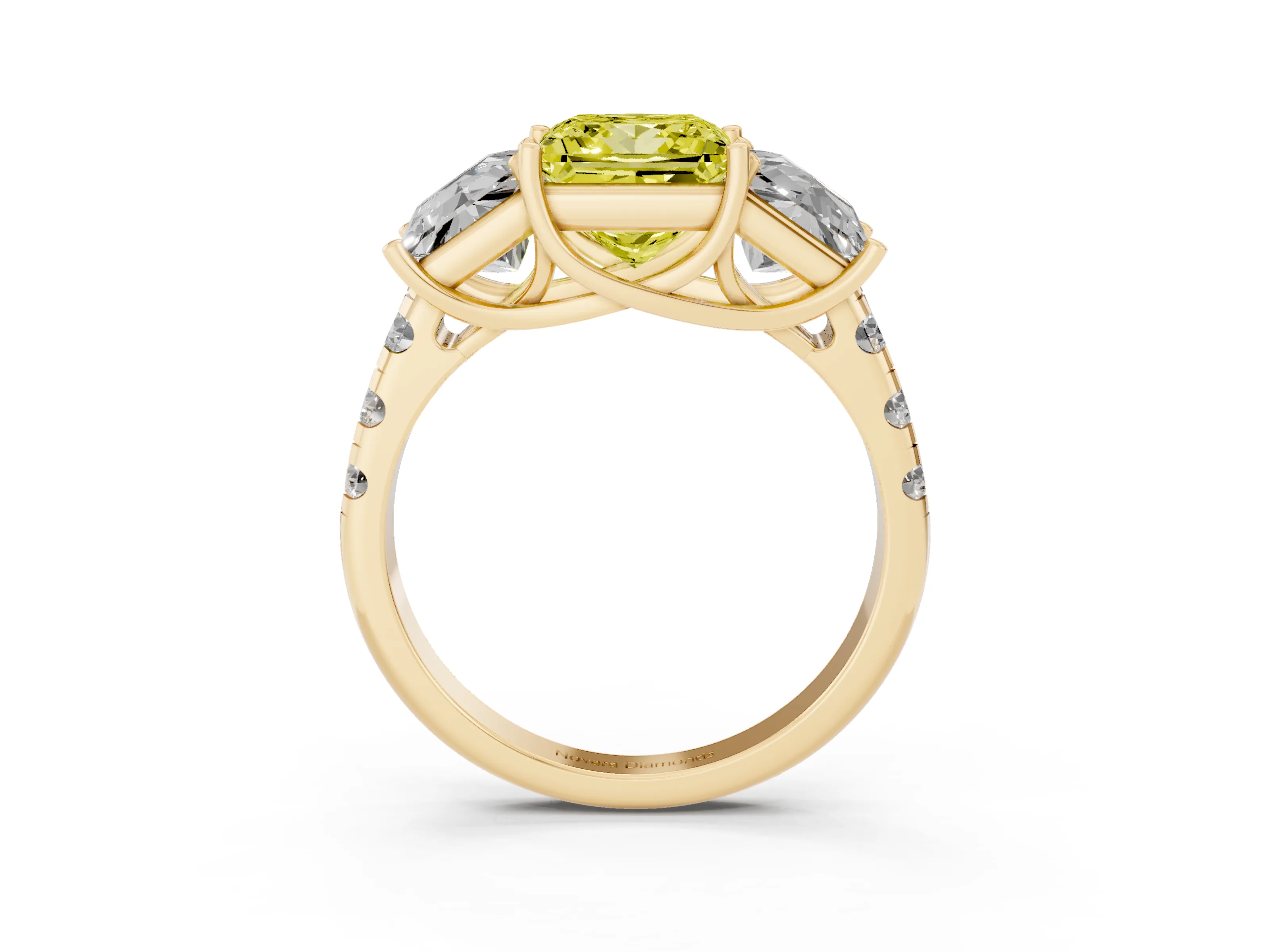 Fancy Yellow Princess Cut Diamond Three-Stone Ring Set in Yellow gold with Pavé Band