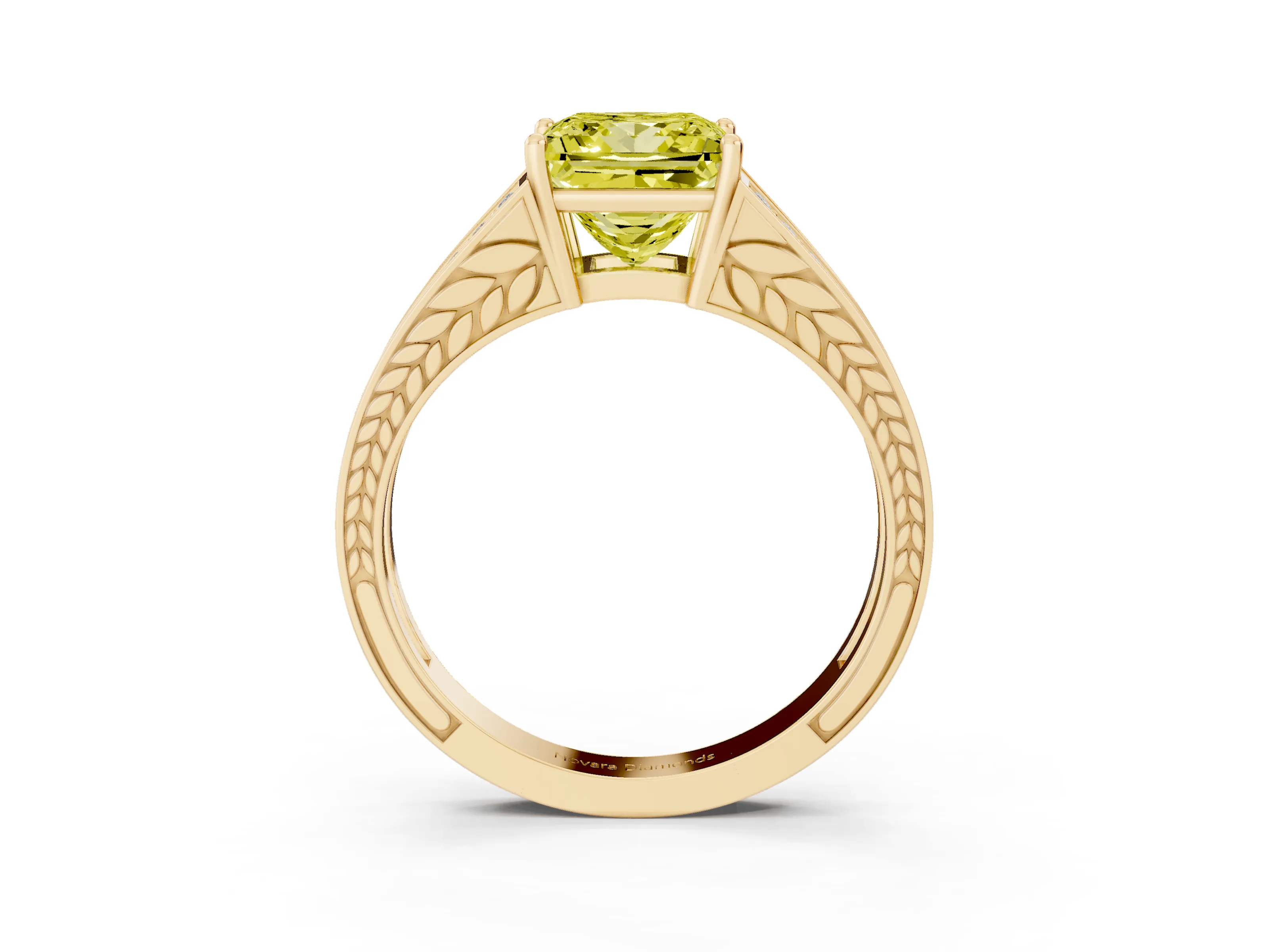 Fancy Yellow Princess Cut Diamond Split Shank Ring Set in Yellow gold with Pavé Band and Prong Setting