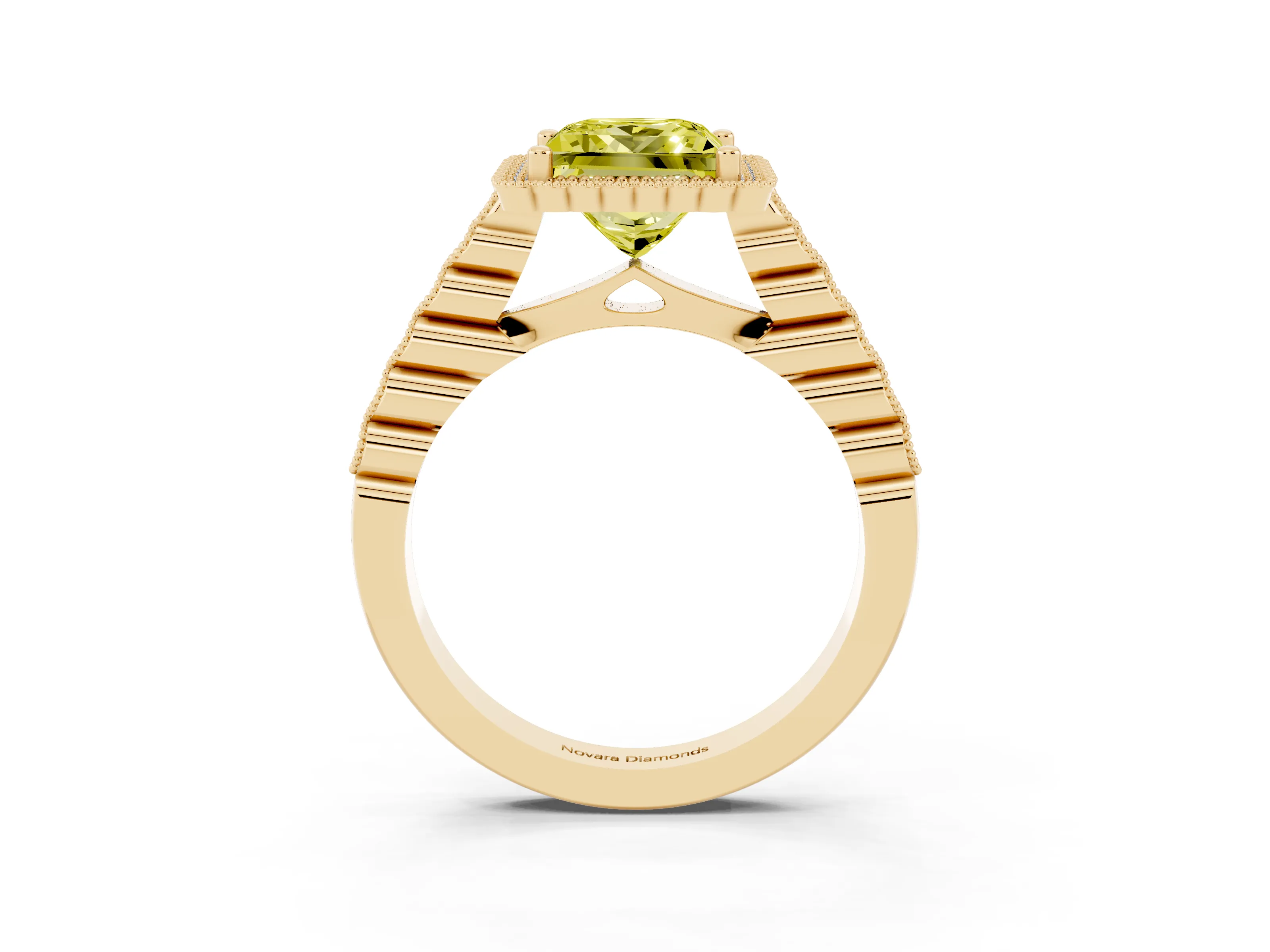 Fancy Yellow Princess Cut Diamond Halo Ring Set in Yellow gold with Pavé Milgrain Band