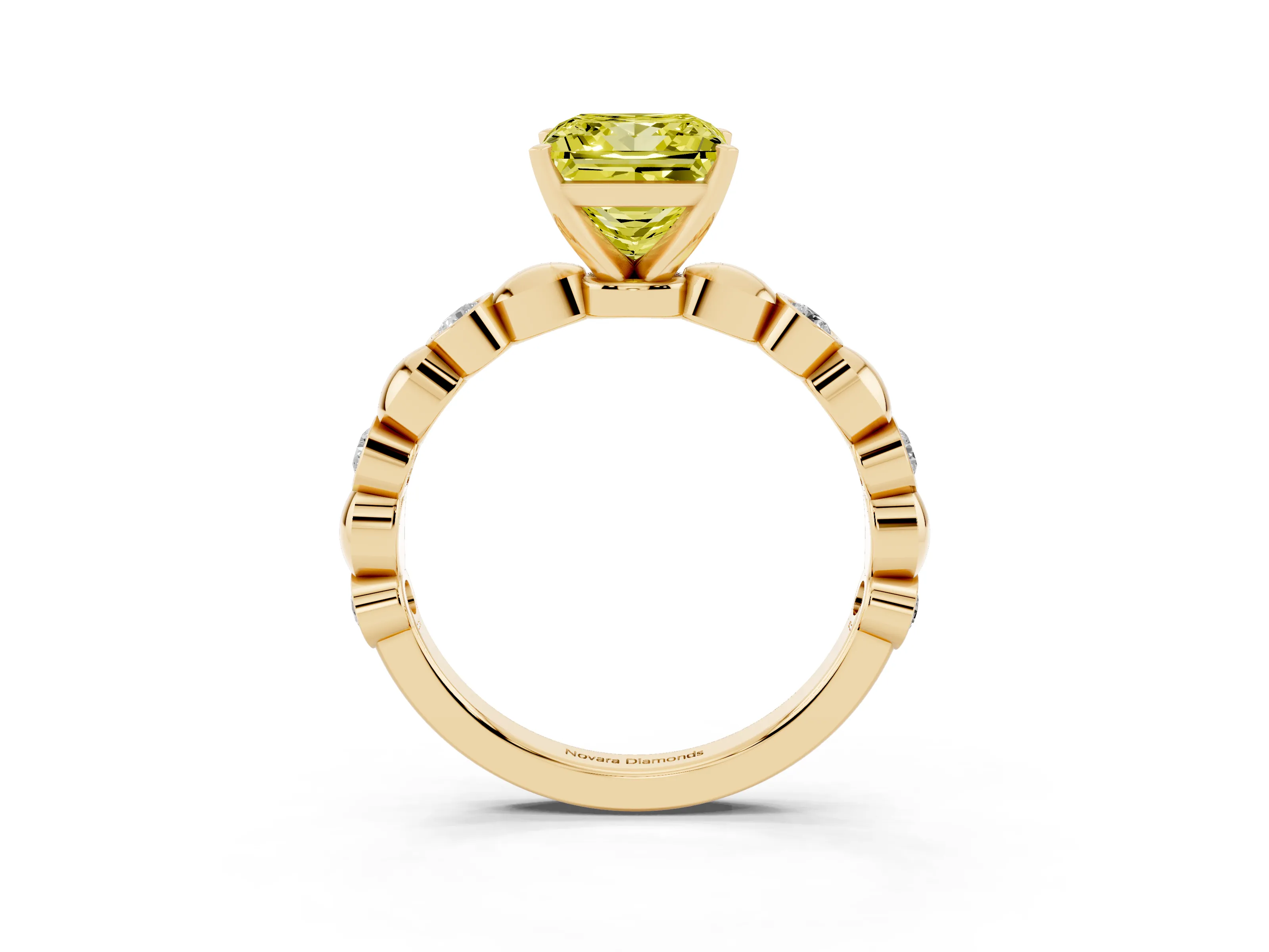 Fancy Yellow Princess Cut Diamond Solitaire Ring Set in Yellow gold with Bezel-Set Accents on Beaded Band and Prong Setting