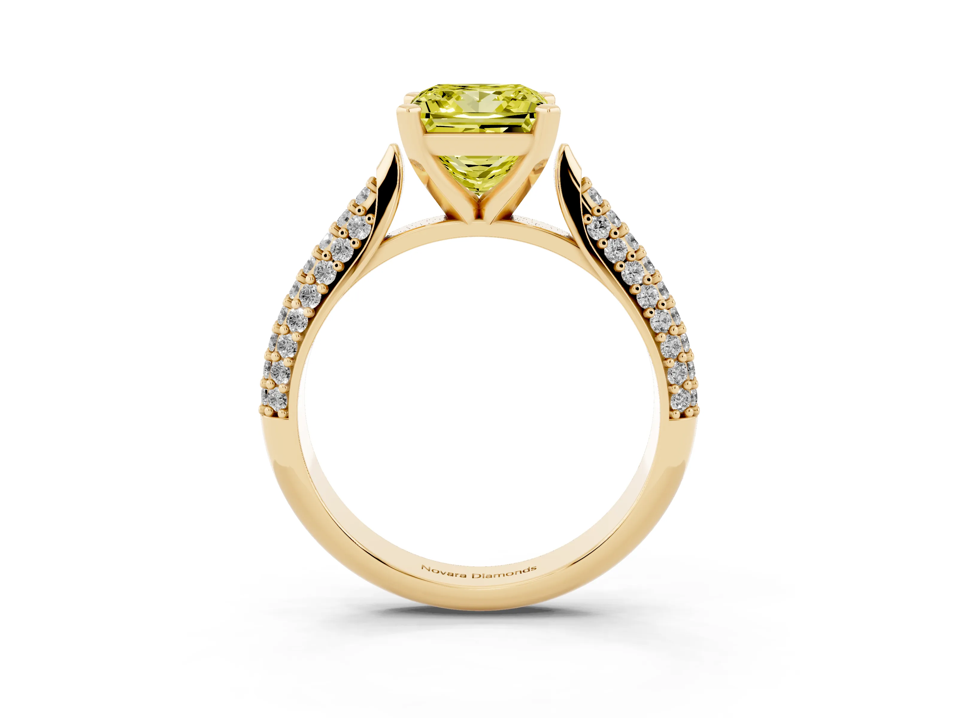 Fancy Yellow Princess Cut Diamond Solitaire Engagement Ring Set in Yellow gold with Multi-Row Round Pavé Band and Prong Setting