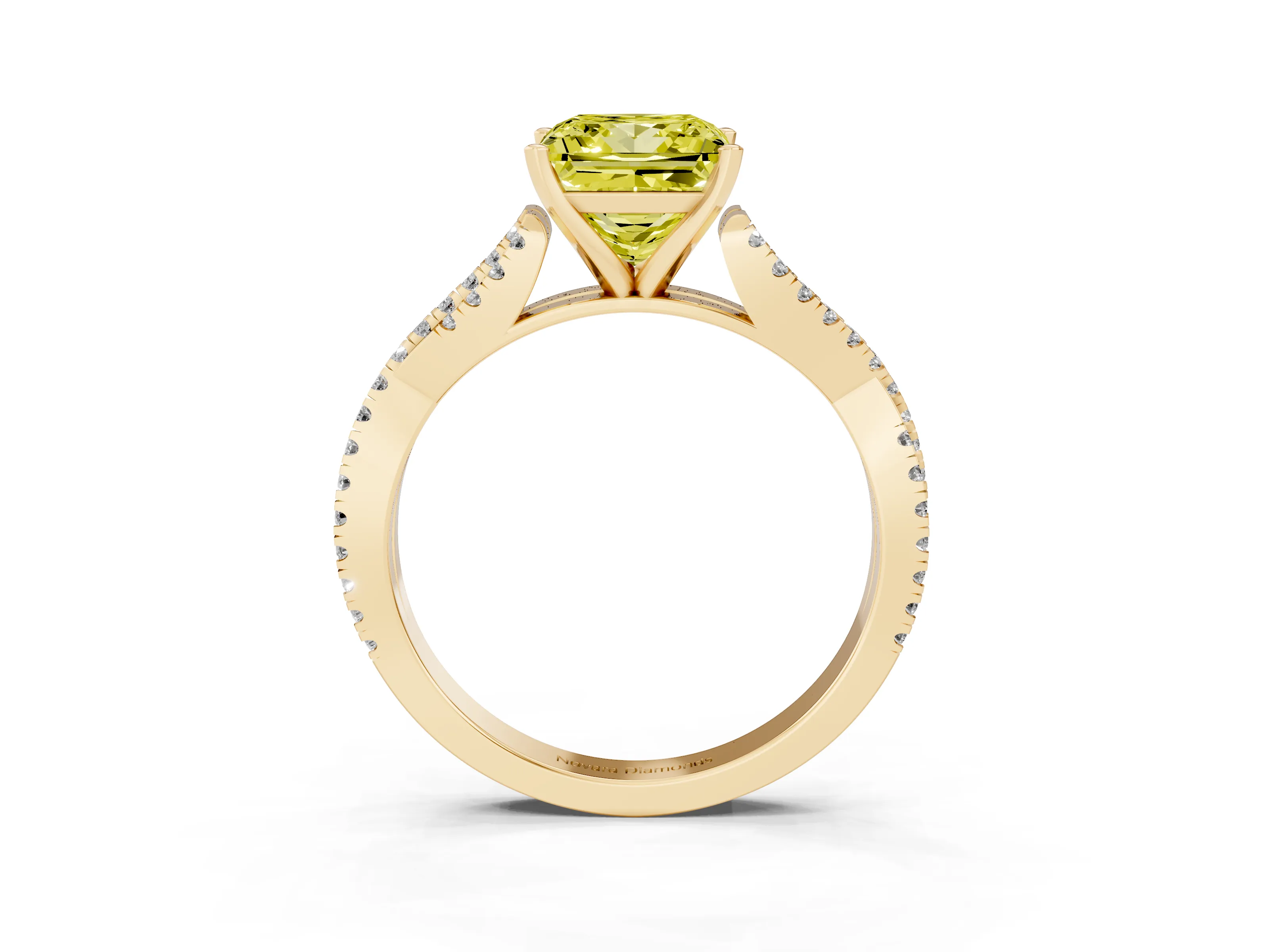 Fancy Yellow Princess Cut Diamond Solitaire Engagement Ring Set in Yellow gold with Twisted Pavé Band and Prong Setting
