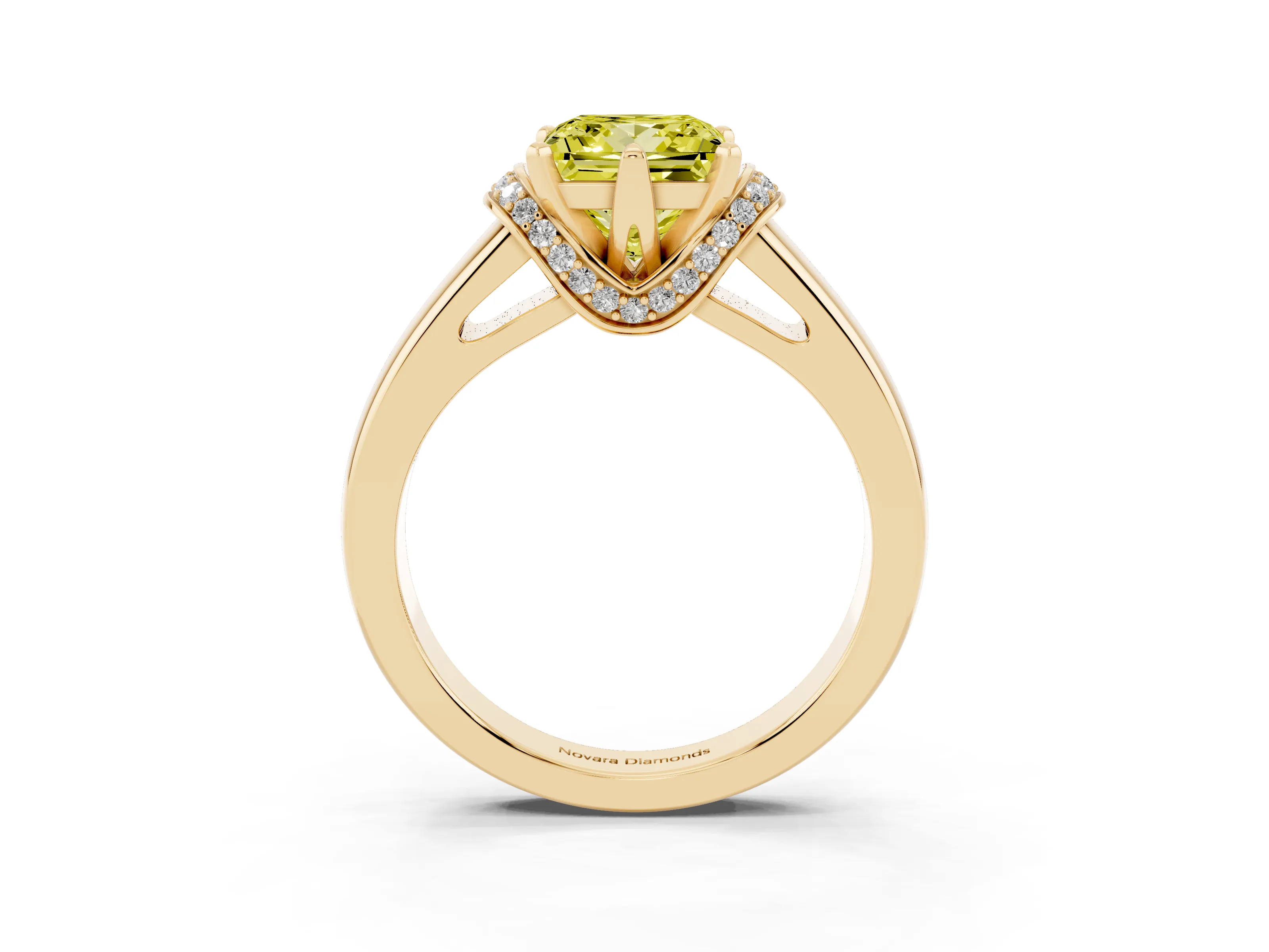 Fancy Yellow Princess Cut Diamond Pavé Band Solitaire Ring Set in Yellow gold with Prong Setting