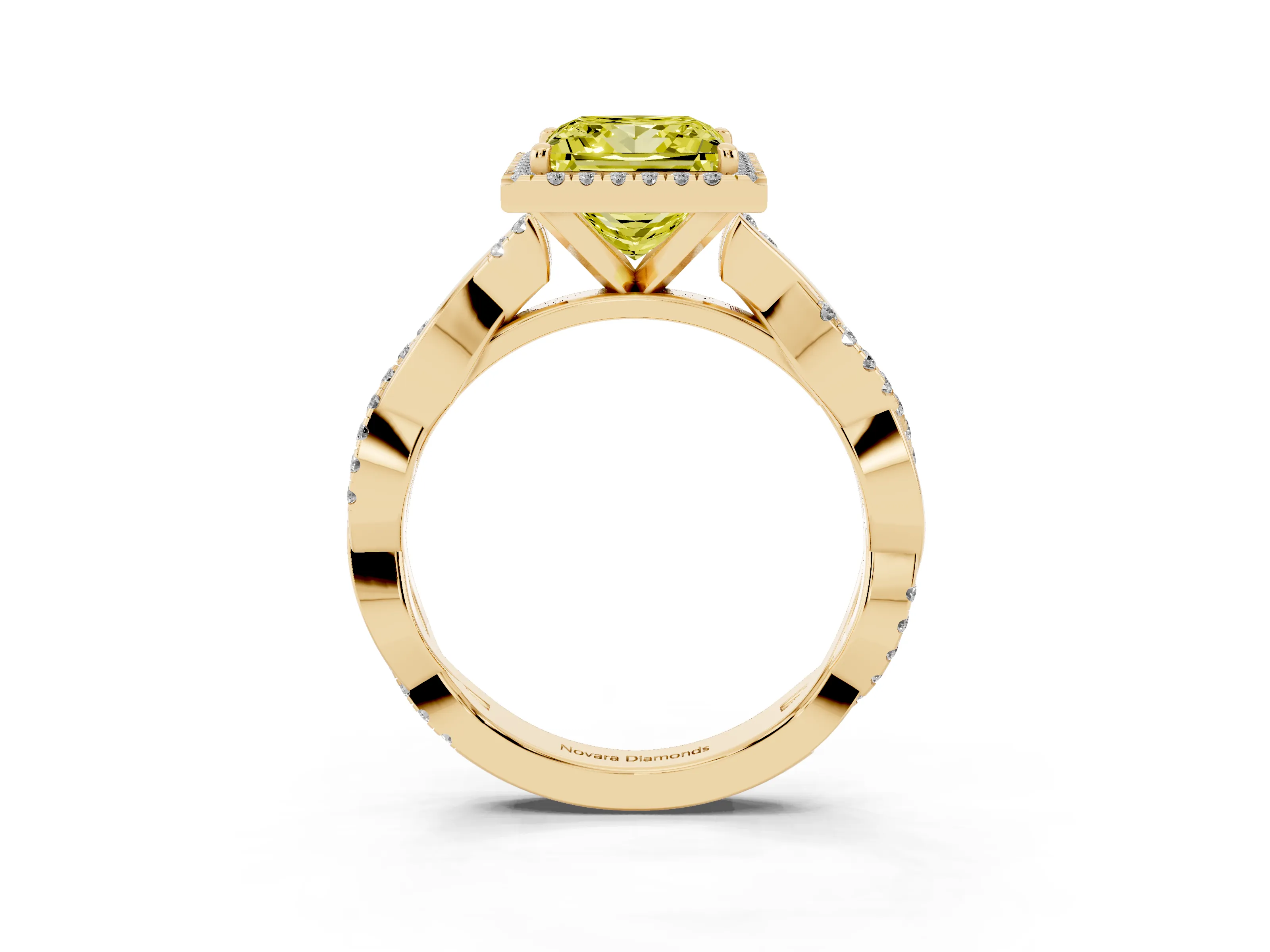Fancy Yellow Princess Cut Diamond Halo Twisted Band Ring Set in Yellow gold with Prong Setting