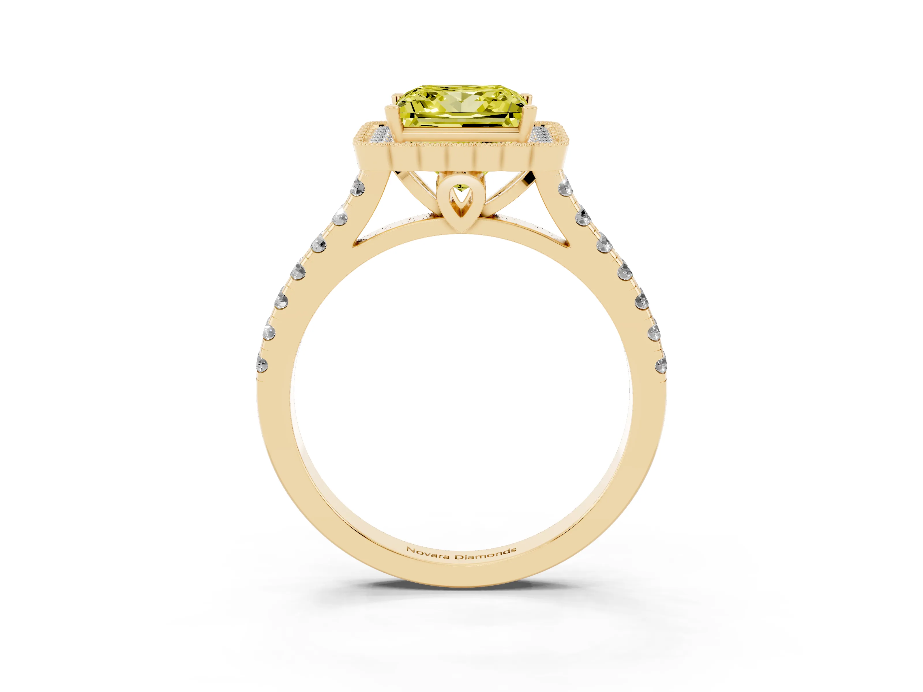 Fancy Yellow Princess Cut Diamond Milgrain Floral Halo Engagement Ring Set in Yellow gold with Pavé Band