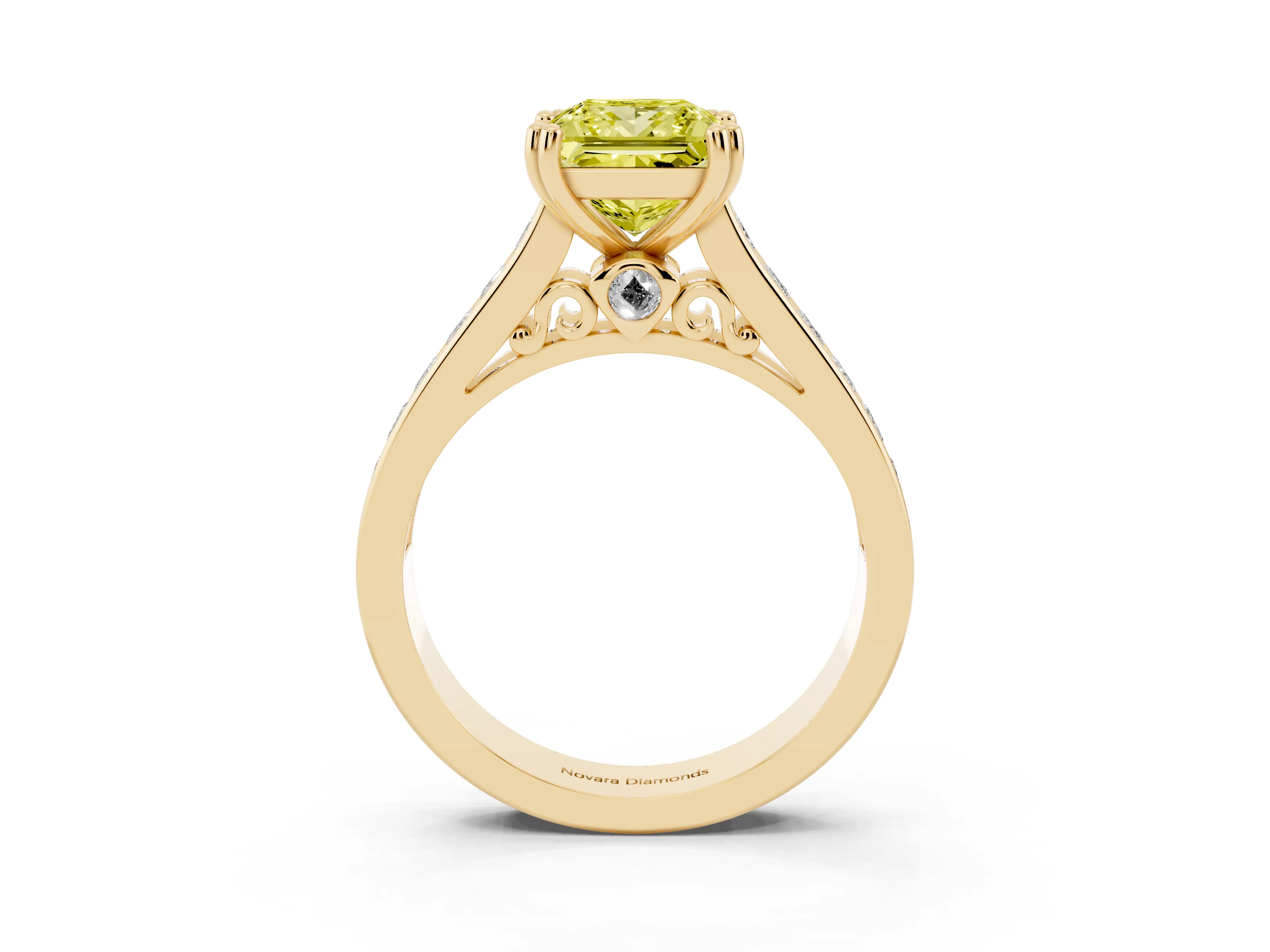 Fancy Yellow Princess Cut Diamond Channel Set Solitaire Engagement Ring Set in Yellow gold with Prong Setting