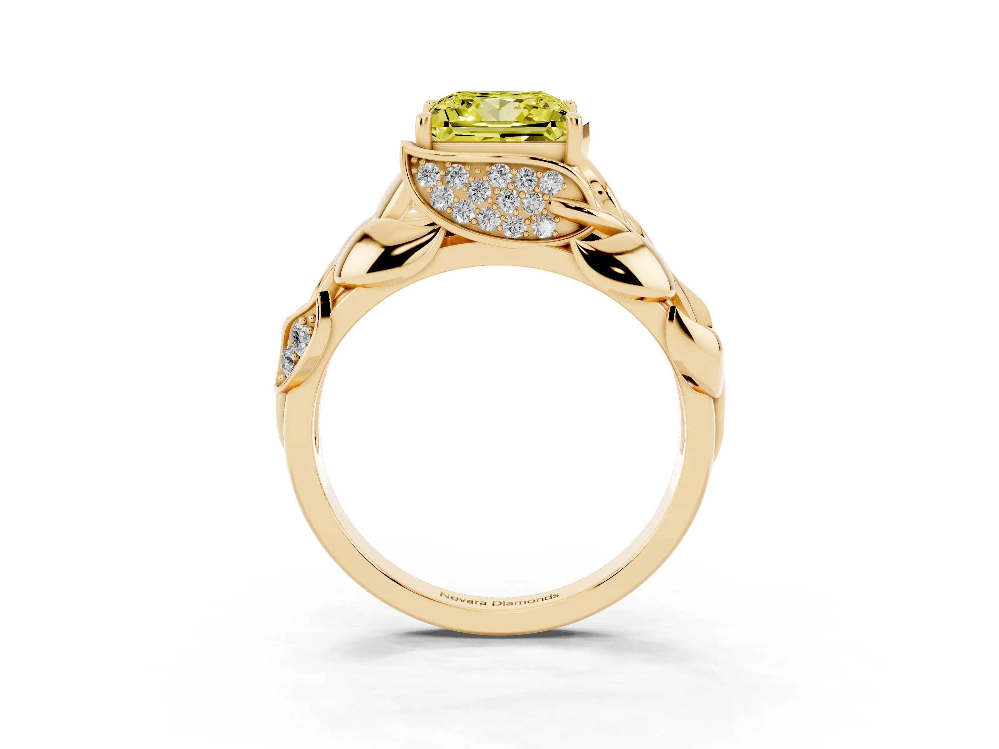 Fancy Yellow Princess Cut Diamond Leaf-Inspired Engagement Ring Set in Yellow gold with Round Accents