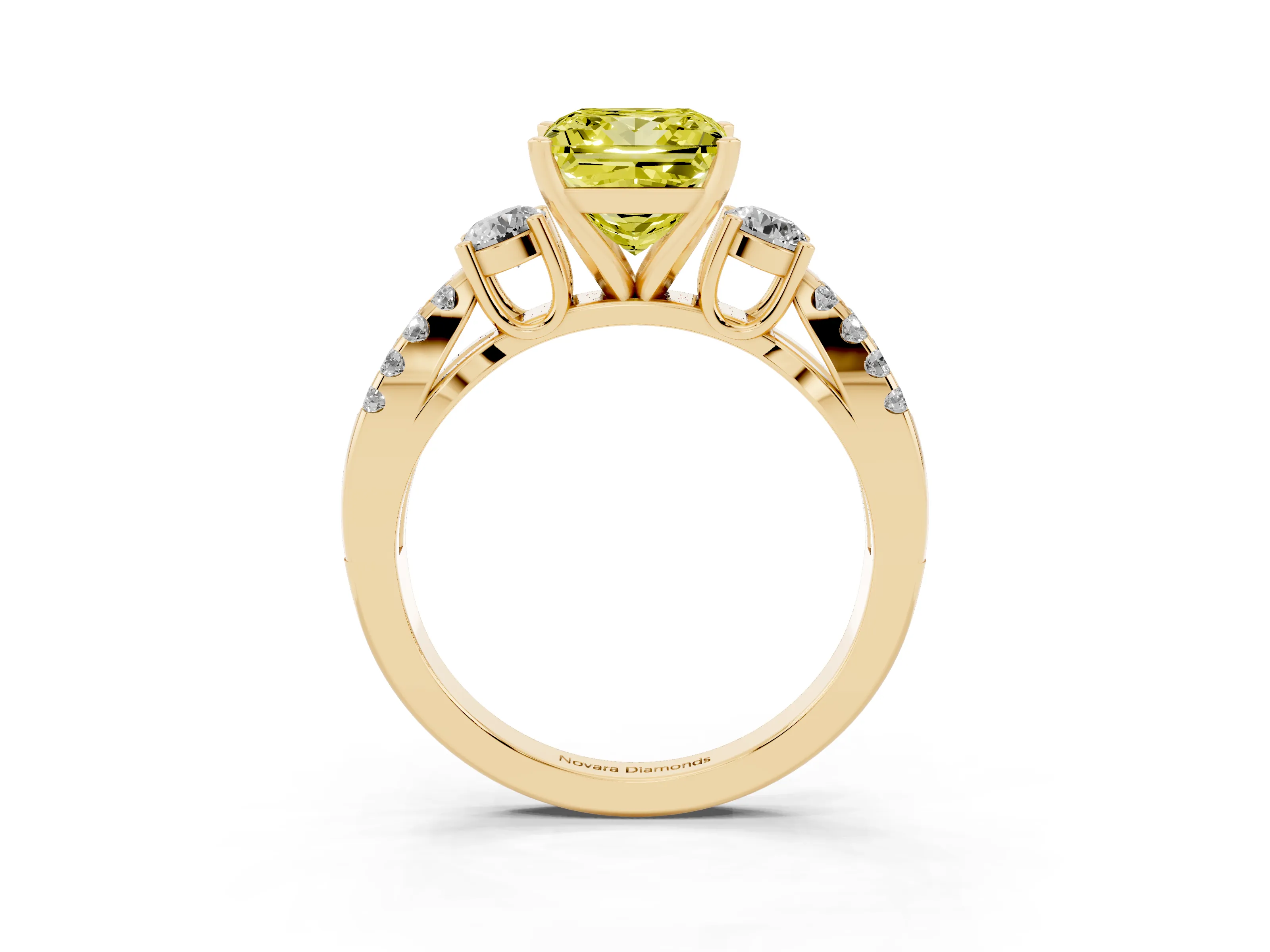 Fancy Yellow Princess Cut Diamond Three-Stone Ring Set in Yellow gold with Pavé Split Shank and Prong Setting