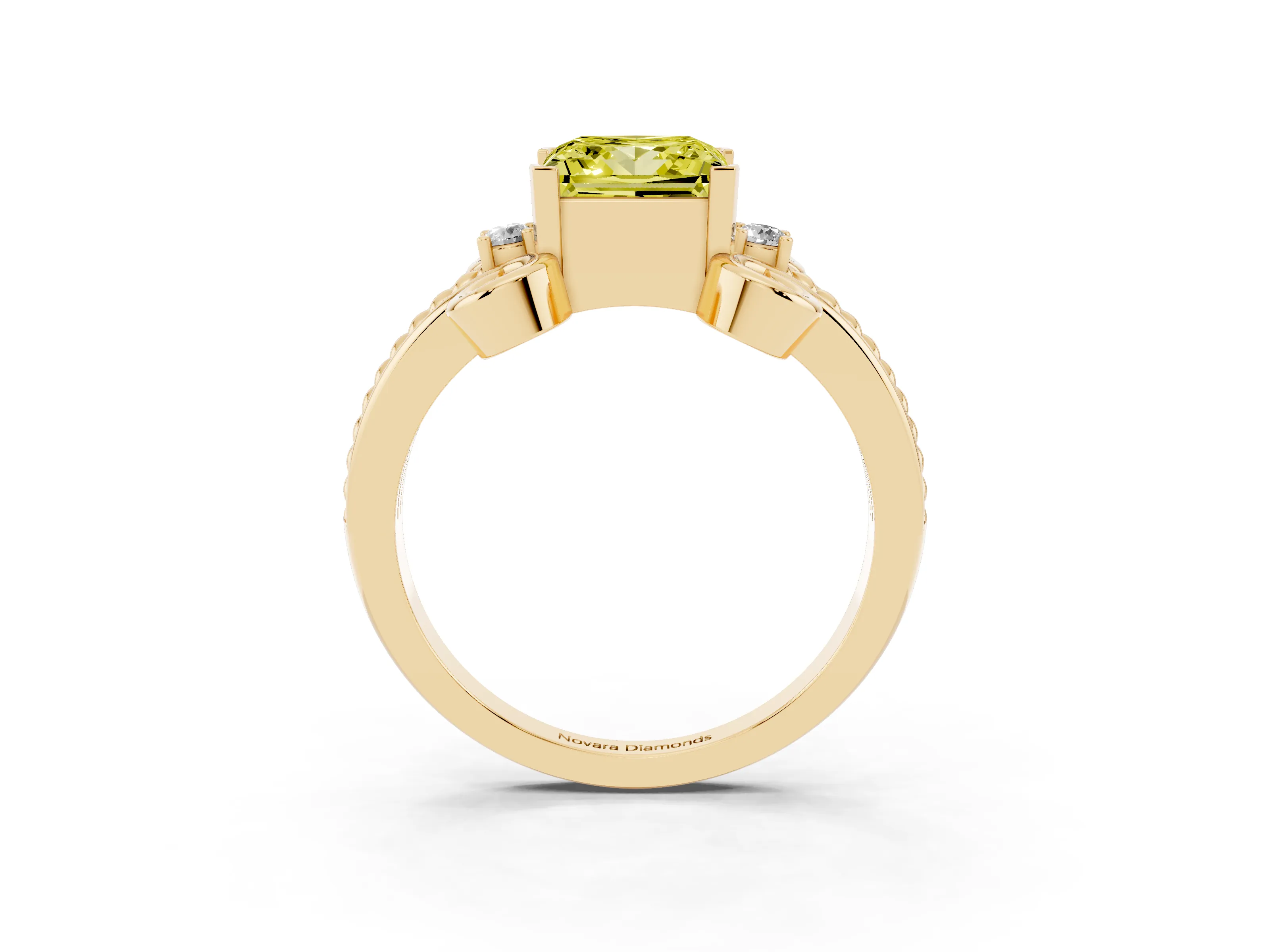 Fancy Yellow Princess Cut Diamond Twisted Band Solitaire Ring Set in Yellow gold with Scroll Prongs