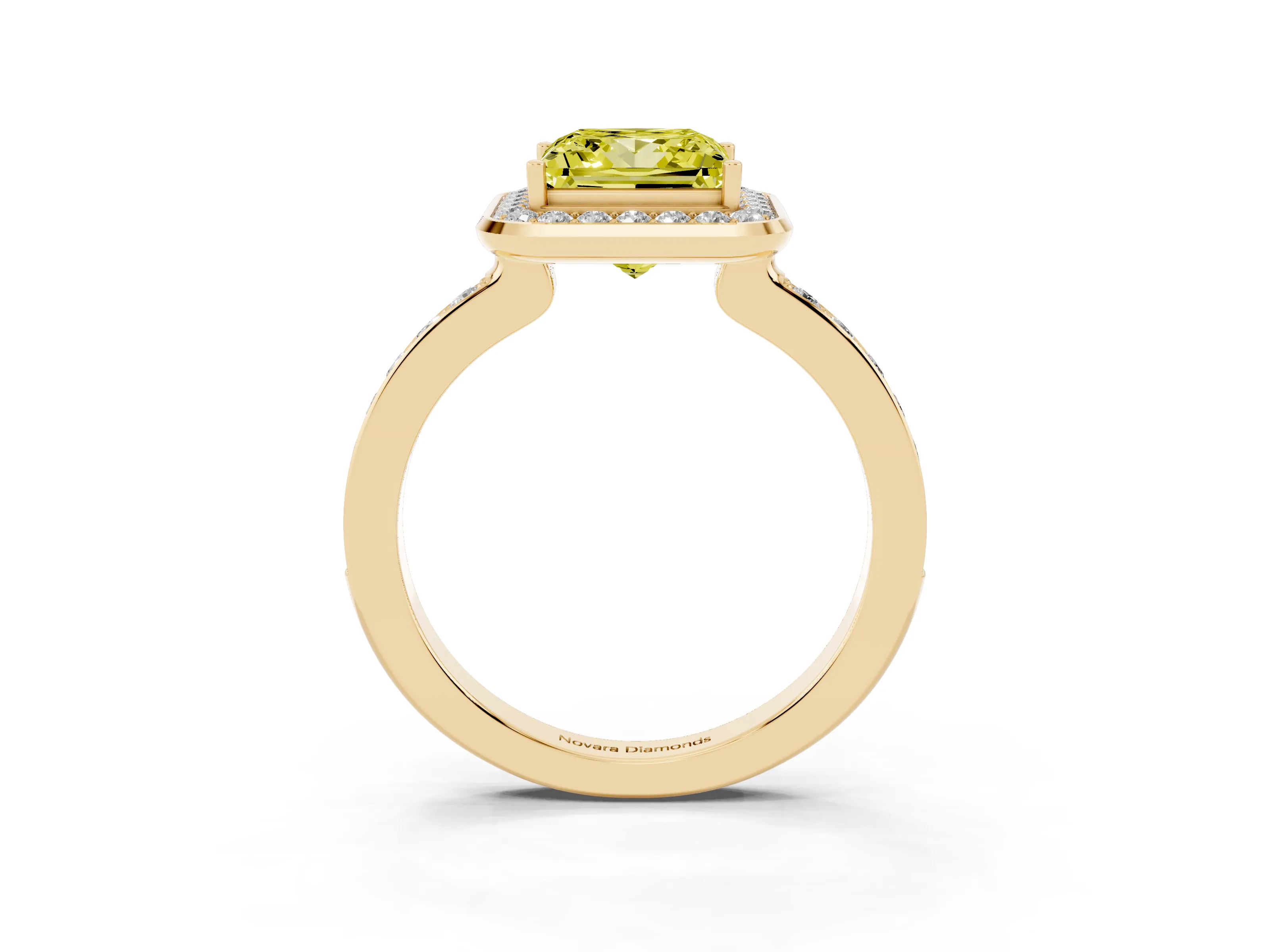 Fancy Yellow Princess Cut Diamond Halo Ring Set in Yellow gold with Bezel Frame and Pavé Band