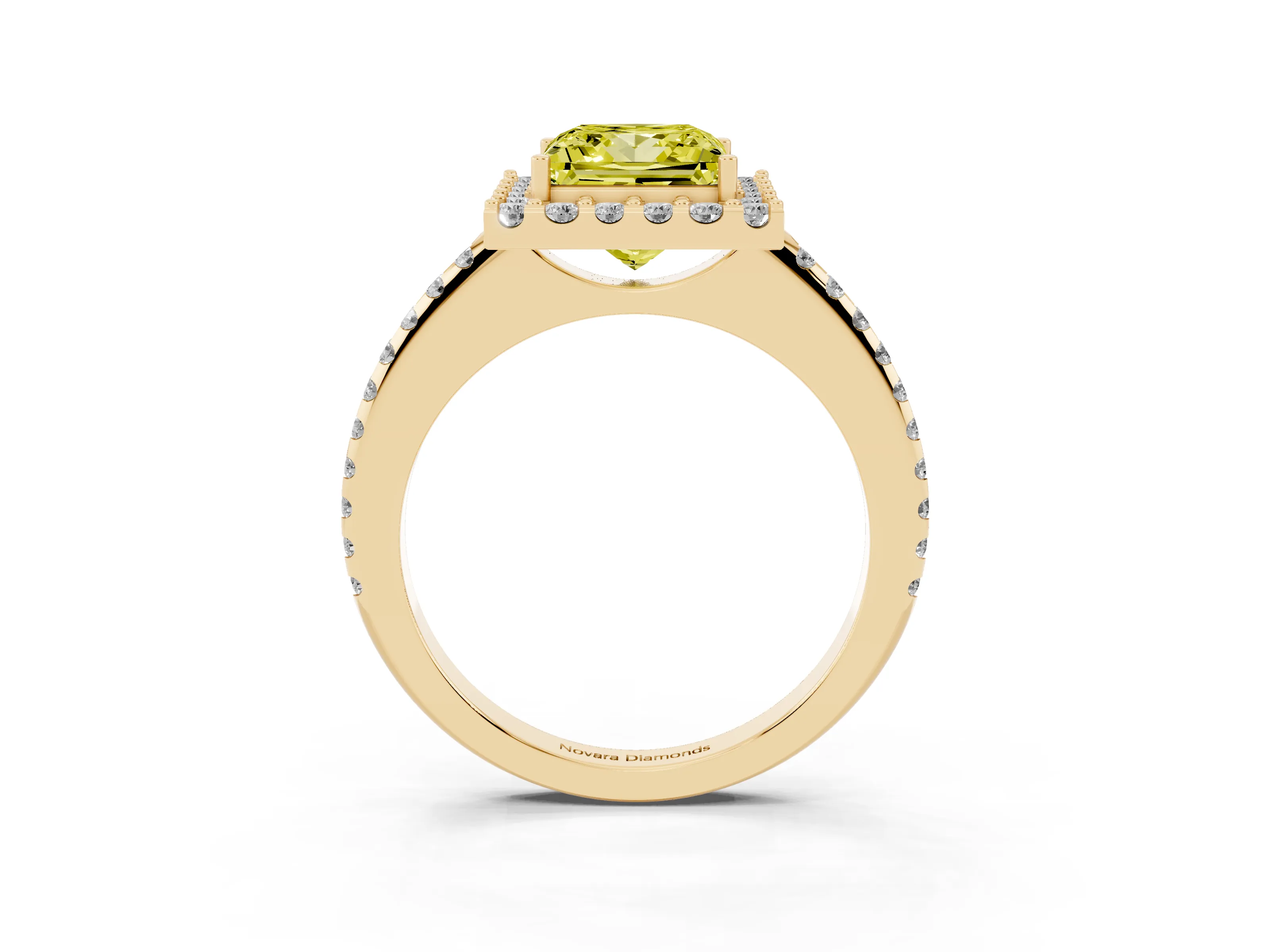 Fancy Yellow Princess Cut Diamond Pavé Halo Ring Set in Yellow gold with Prong Setting