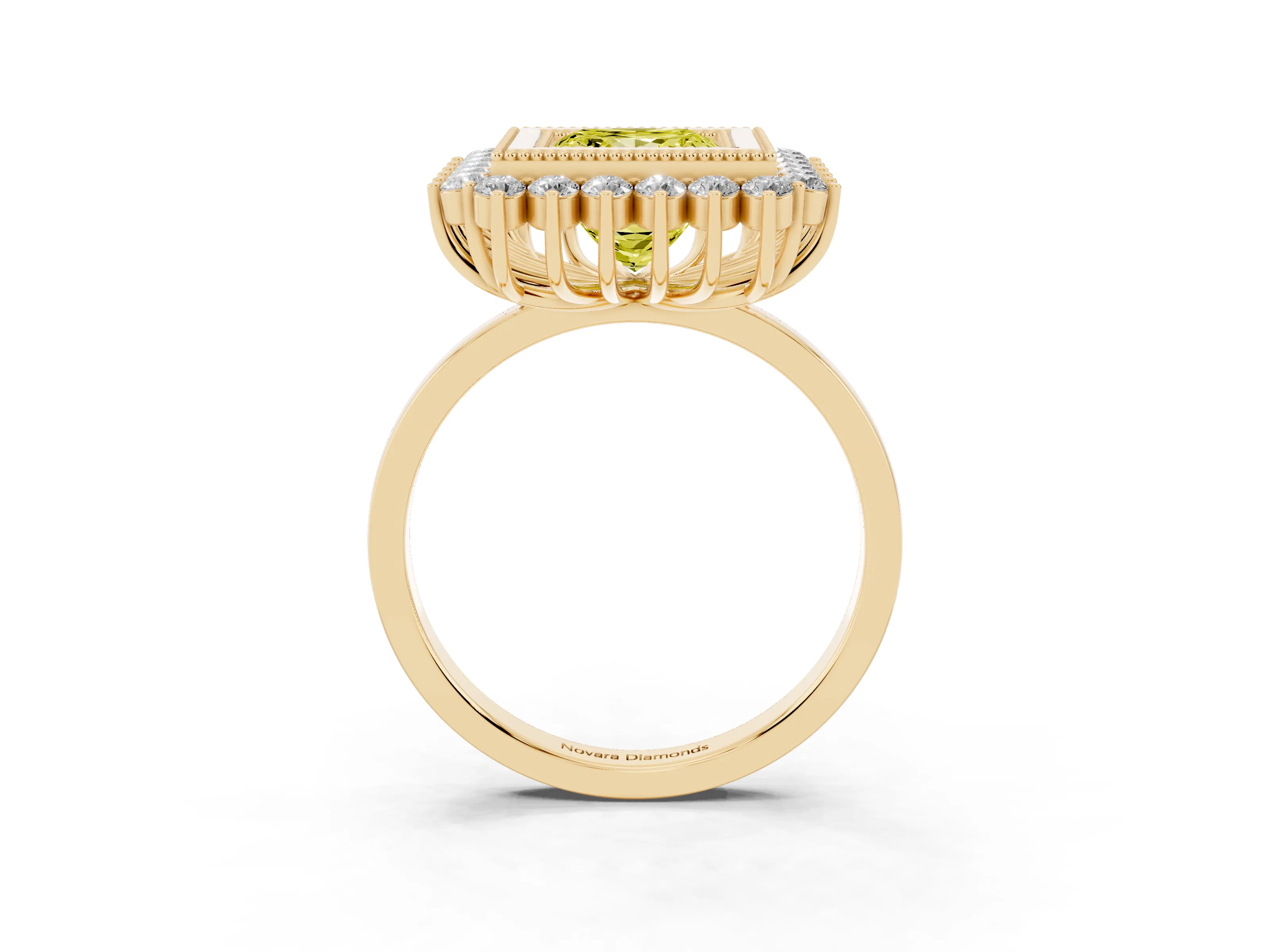 Fancy Yellow Princess Cut Diamond Halo Ring Set in Yellow gold with Milgrain Edge and Round Prong Setting