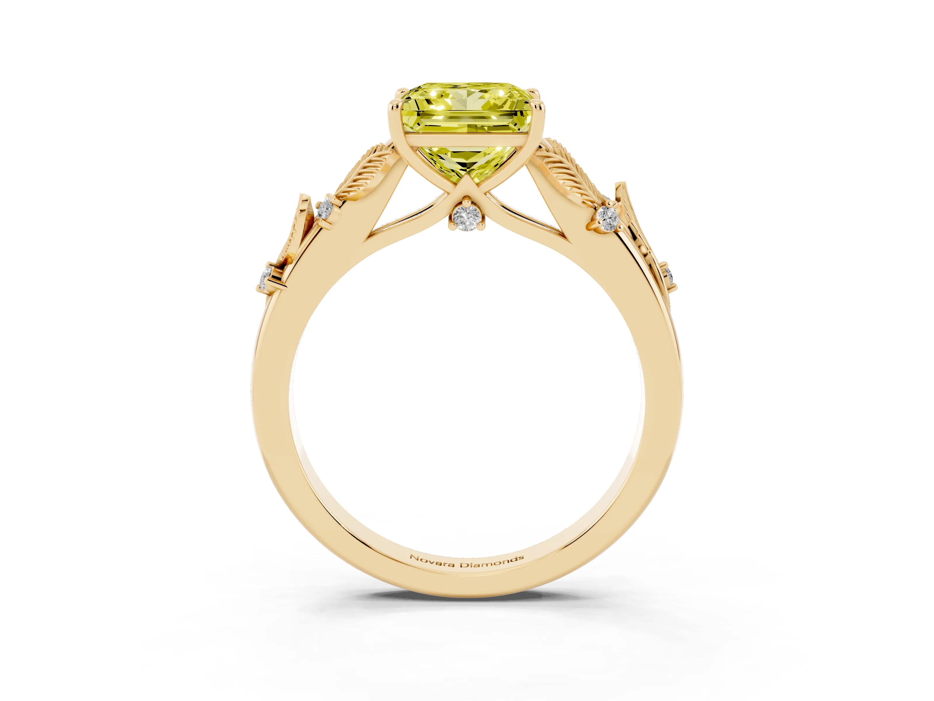 Fancy Yellow Princess Cut Diamond Solitaire Ring Set in Yellow gold with Leaf Motif Band