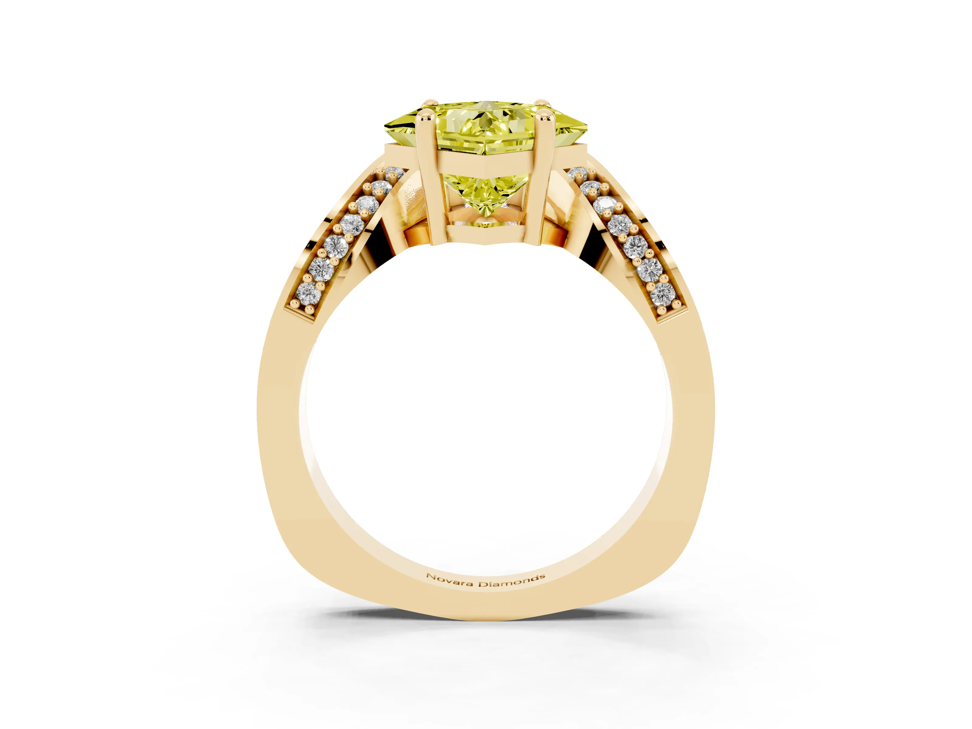 Fancy Yellow Princess Cut Diamond Solitaire Engagement Ring Set in Yellow gold with Pavé Shoulders